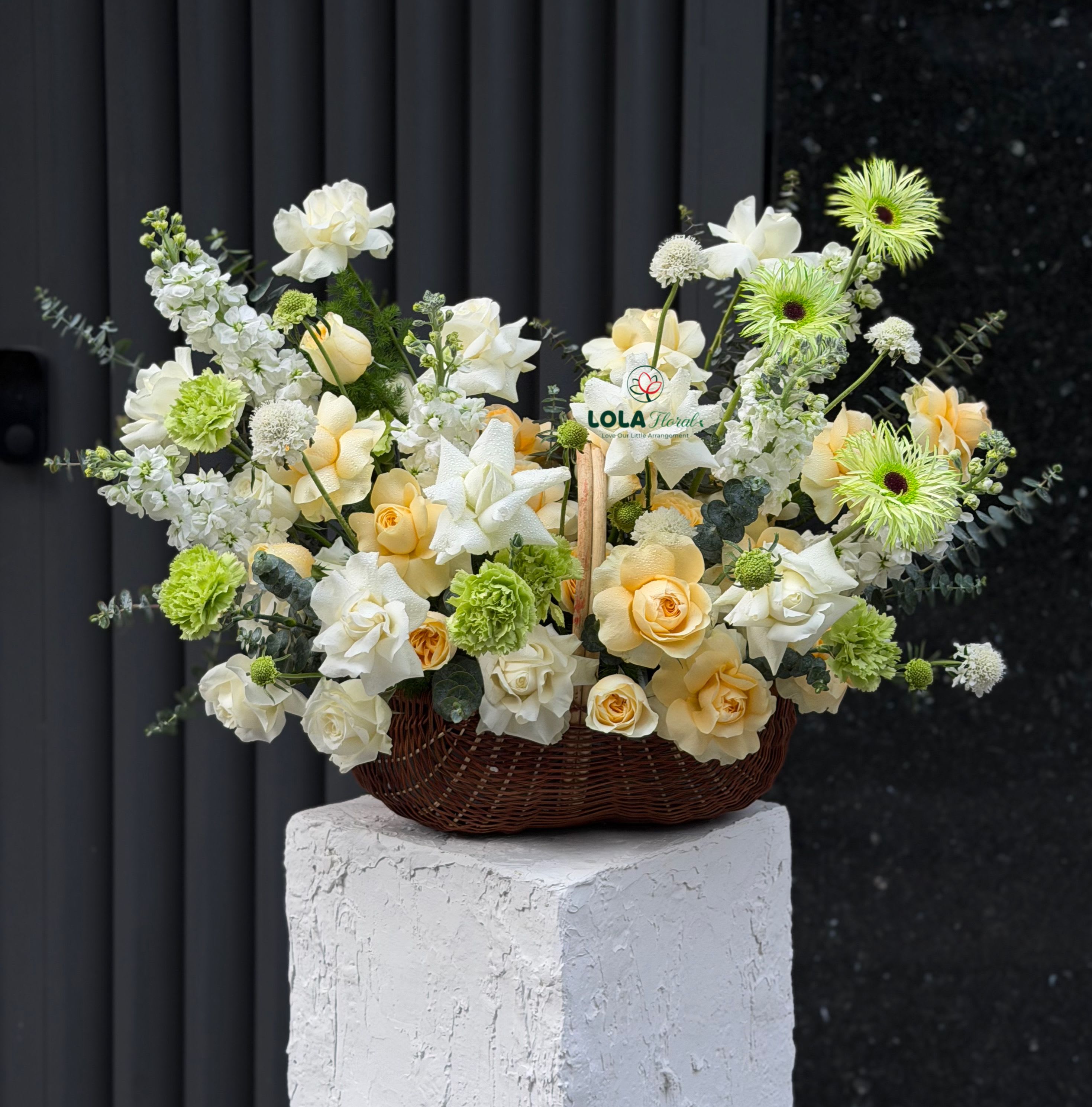 Yellow and White roses - A soft palette of creamy whites, gentle yellows, and fresh greens creates a calm, uplifting impression in this flower arrangement-perfect as a get well bouquet, a thoughtful sympathy arrangement, or a simple way to say you're thinking of someone. The low, wide wicker basket gives it a relaxed, homey feel while the mix of roses and lilies reads as classic and comforting for birthdays, anniversaries, or moments that call for quiet reassurance.  Clusters of yellow and white roses sit alongside fragrant lilies, ruffled carnations, and spidery chrysanthemums, with taller stems of stock and greenery adding light movement above the main mass of blooms. The contrast of round roses and lilies with the spiky chrysanthemums gives pleasant texture, and a small branded pick rises discretely from the center to mark the arrangement. Sized to sit on a bedside table or coffee table, it arrives ready to display in its wicker basket-no extra vase required-making it an easy, meaningful gift that will help the recipient feel cared for.