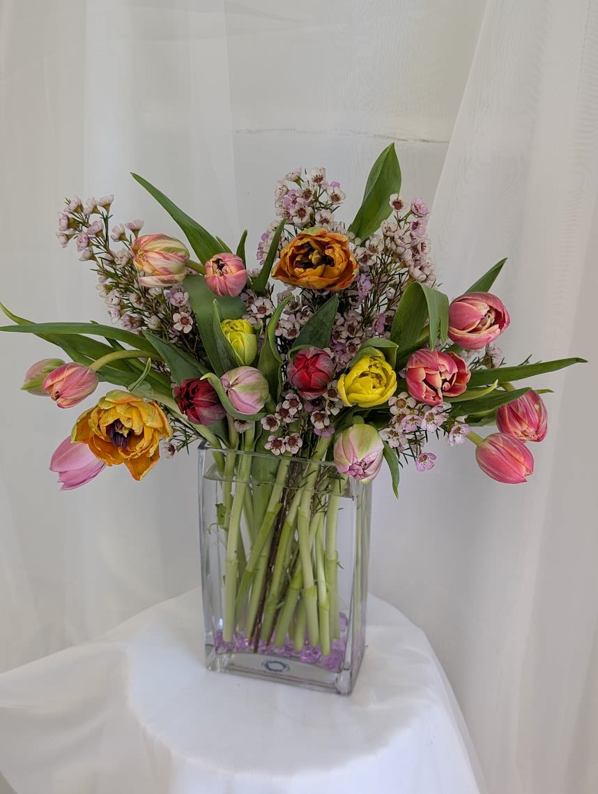 Mixed 20 Fresh Tulips  - 20 Fresh Pink Tulip in an elegant modern vase with filler flowers. Mixed colors. 