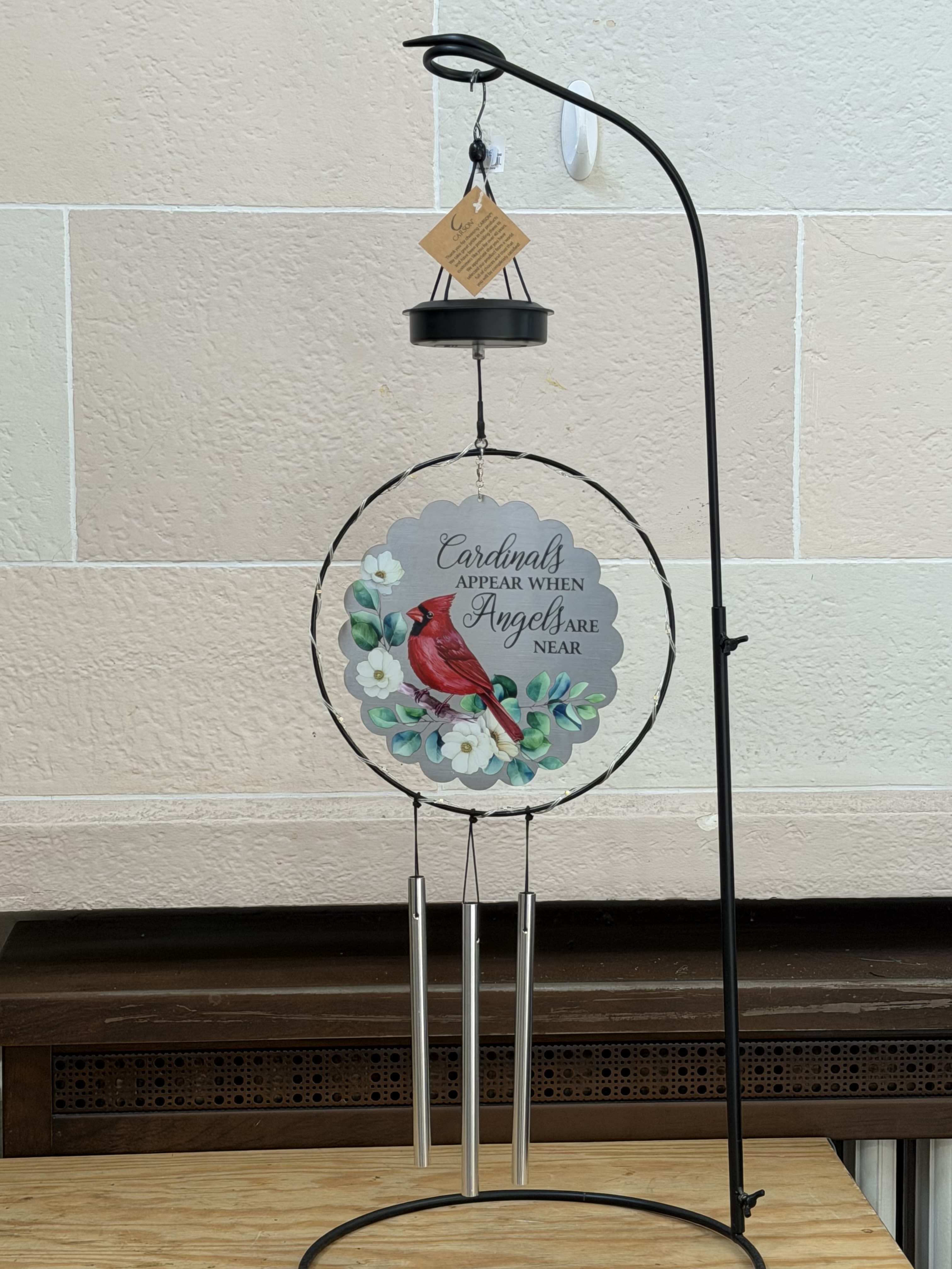 "Cardinal" Solar Powered Chime  - A cardinal chime with solar powered lights around it.   Chime Reads: "Cardinals appear when angles are near" 