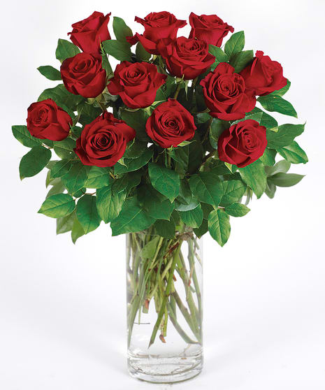 Arrangement of long-stemmed red roses in a tall clear glass vase