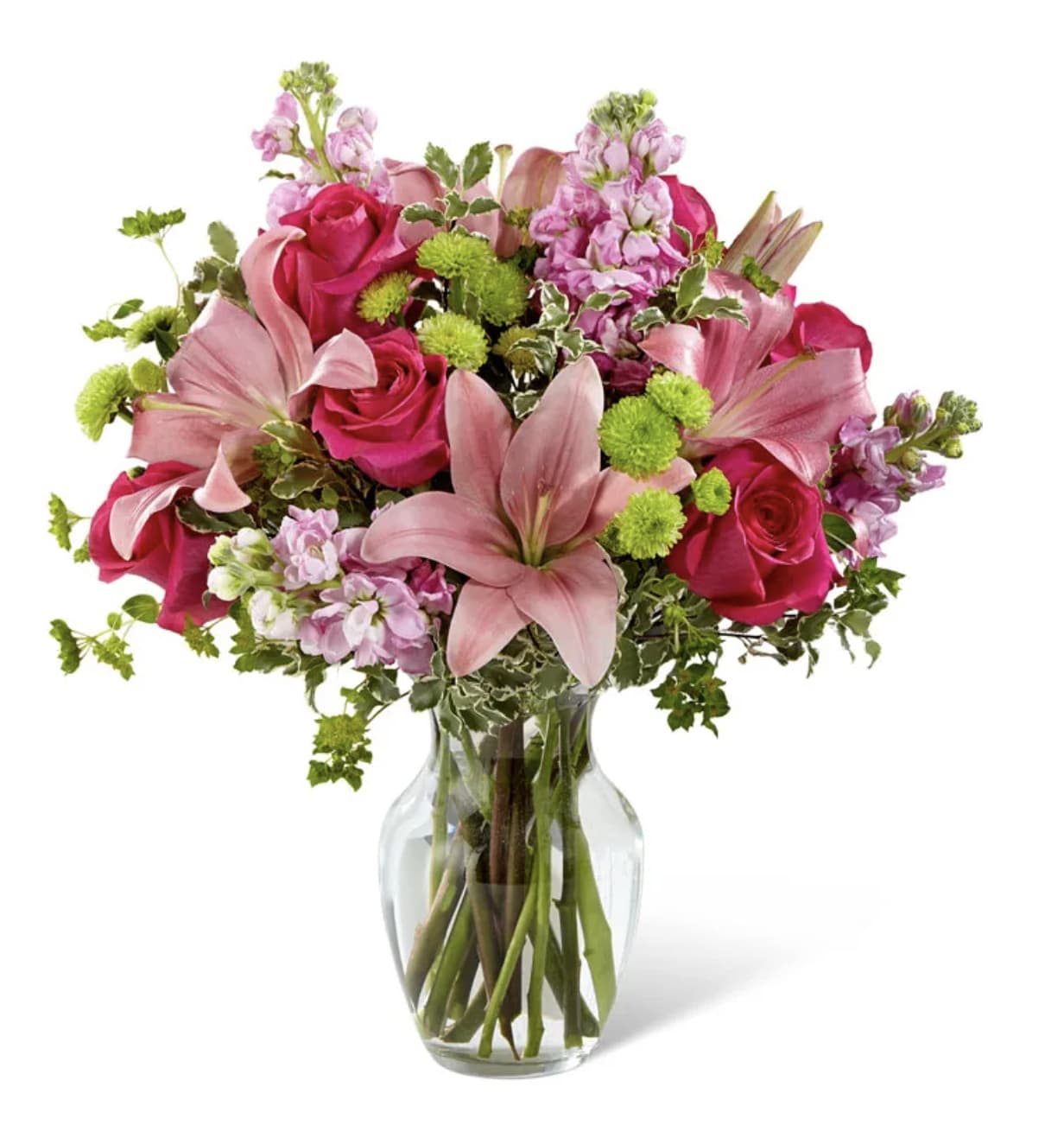 Stunning Stella - This Bouquet is chic and pink wonderland to help you celebrate life's most treasured moments in style! Hot pink roses are bright and beautiful arranged amongst pink Asiatic Lilies, pink stock, green button poms, bupleurum and lush greens to create that perfect gift of flowers. Presented in a clear glass vase, this blushing fresh flower arrangement is ready to send your sweetest wishes in honor of a birthday, an anniversary, or as a way to express your thanks and gratitude.  Includes: • Hot Pink Roses • Pink Asiatic Lilies • Pink Gilly Flower • Green Button Poms • Bupleurum • Fresh Floral Greens • Clear Glass Vase