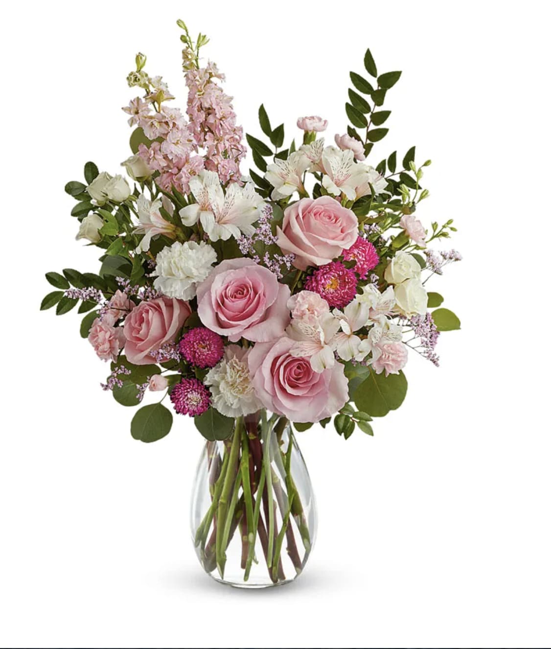 Pearls Bouquet - Celebrate Mom's love and grace with our elegant Mother's Day arrangement featuring delicate Pink Roses, charming White Spray Roses, graceful White Carnations, elegant Ivory Alstroemeria, adorable Miniature Pink Carnations, lovely Pink Larkspur, and vibrant Hot Pink Matsumoto Asters, accented with lush floral greens.  Includes: • Pink Roses • White Spray Roses • White Carnations • Ivory Alstroemeria • Miniature Pink Carnations • Pink Larkspur • Hot Pink Matsumoto Asters • Floral Greens