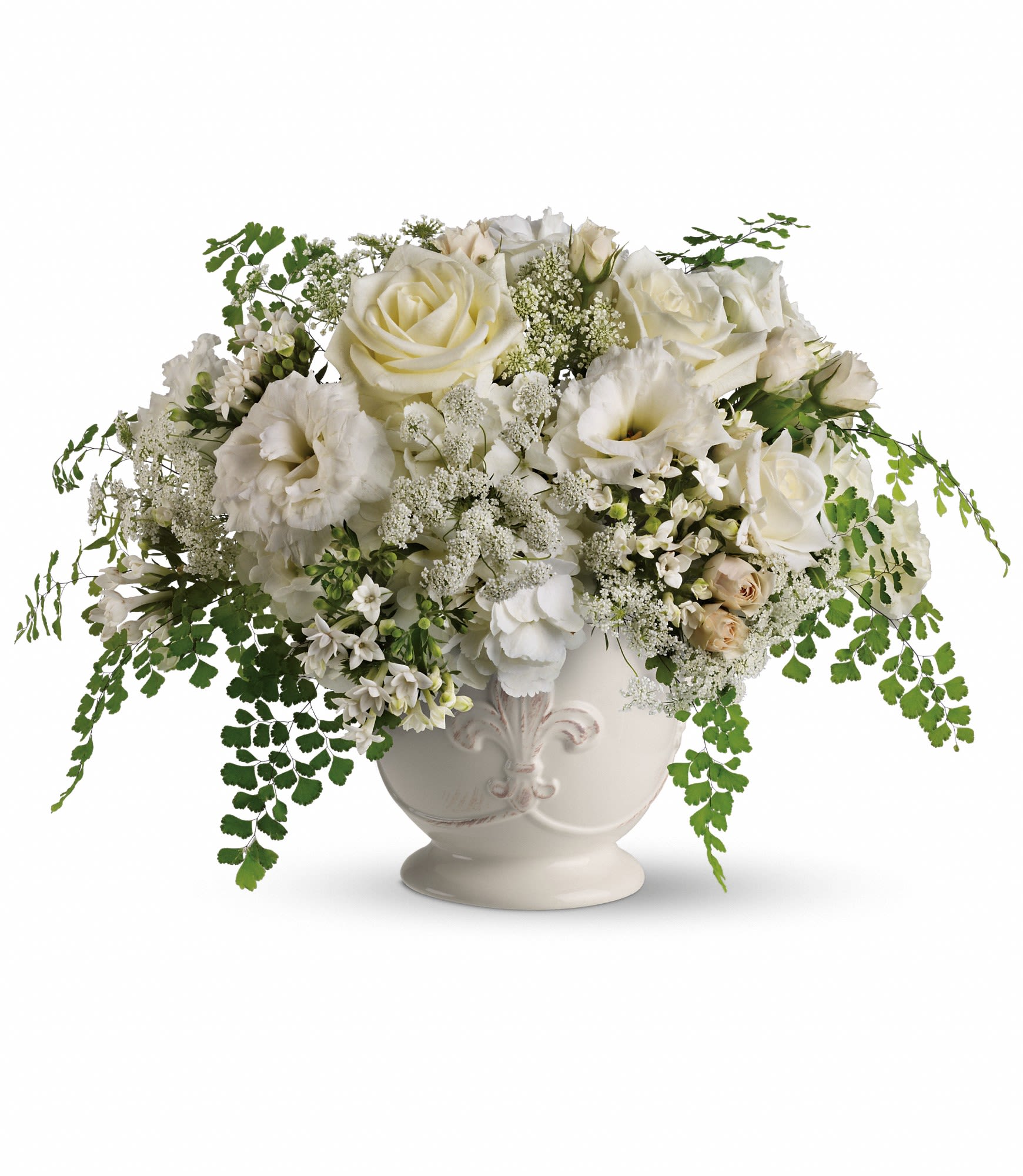Napa Valley Centerpiece - Accent your special occasion with the wild, natural elegance of Napa Valley. Creamy whites and lacy greens are united in a large, French country pot to shabby chic effect.