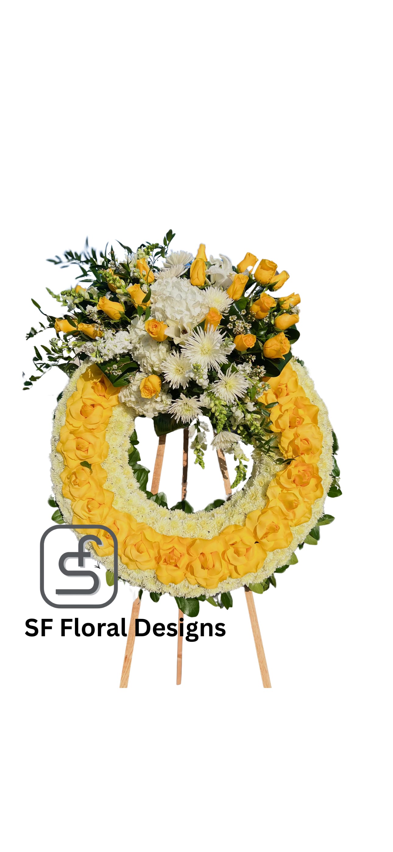 Standing yellow and white rose and mum wreath on a wooden easel