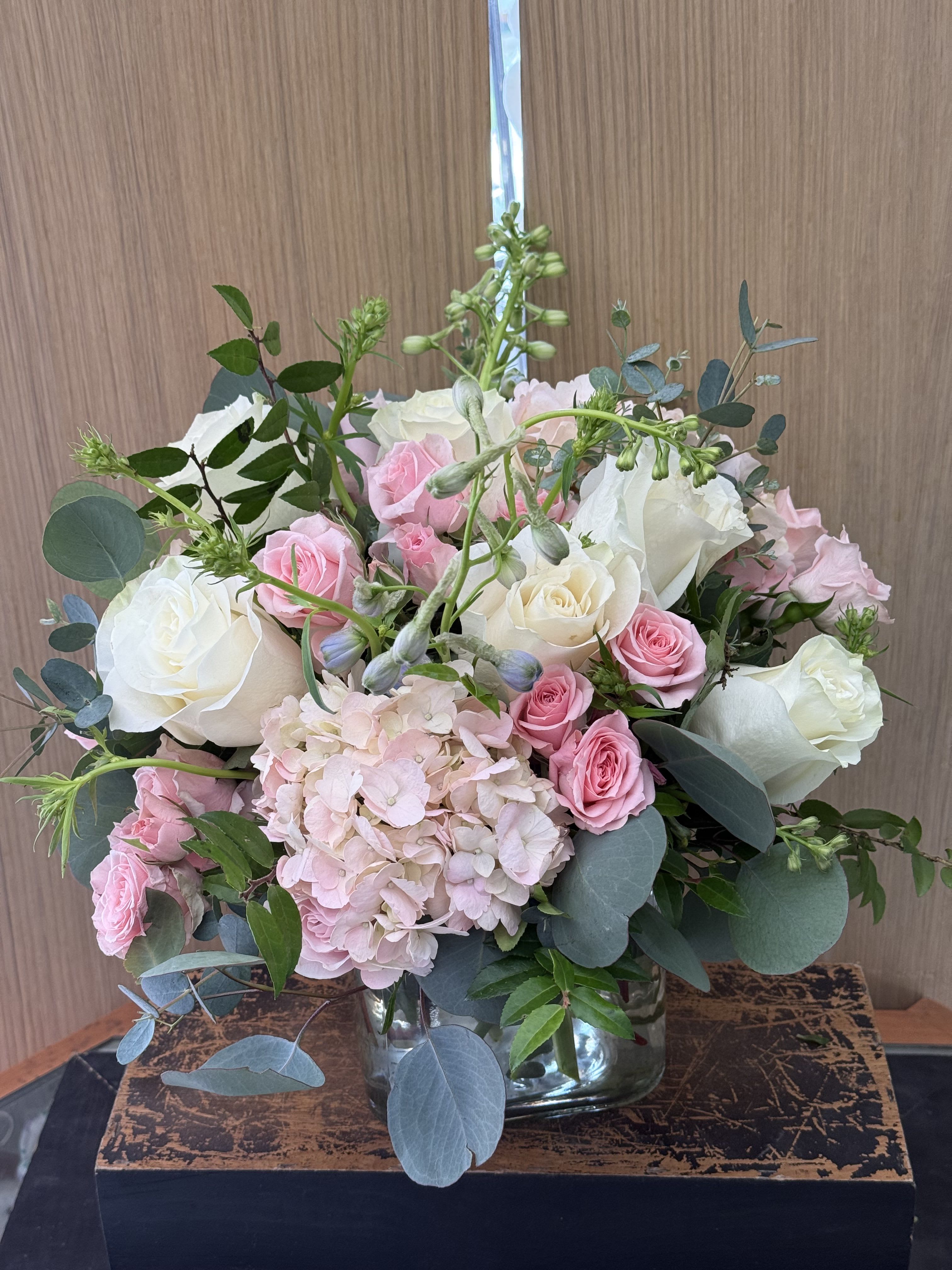 Pink Blush Arrangement  - Pink and white mixed flowers arranged in a vase. 