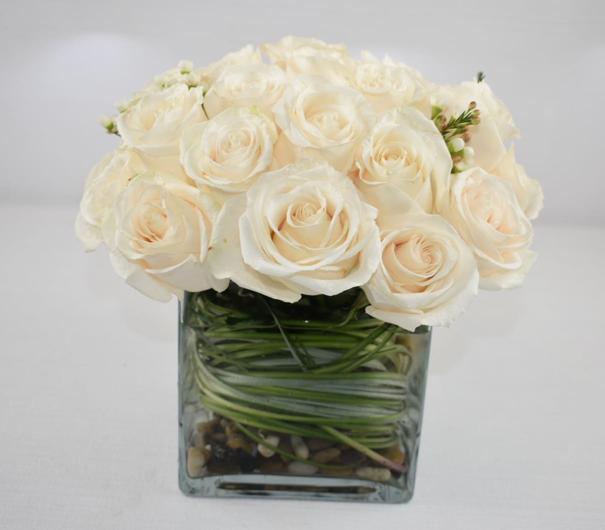 Compact arrangement of ivory roses in a clear glass cube vase with spiraled green stems.