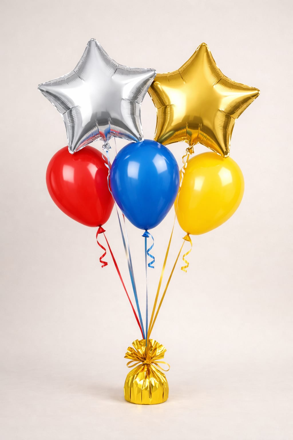 Cluster of red, blue, and yellow balloons with silver and gold star balloons tied to a gold weight.