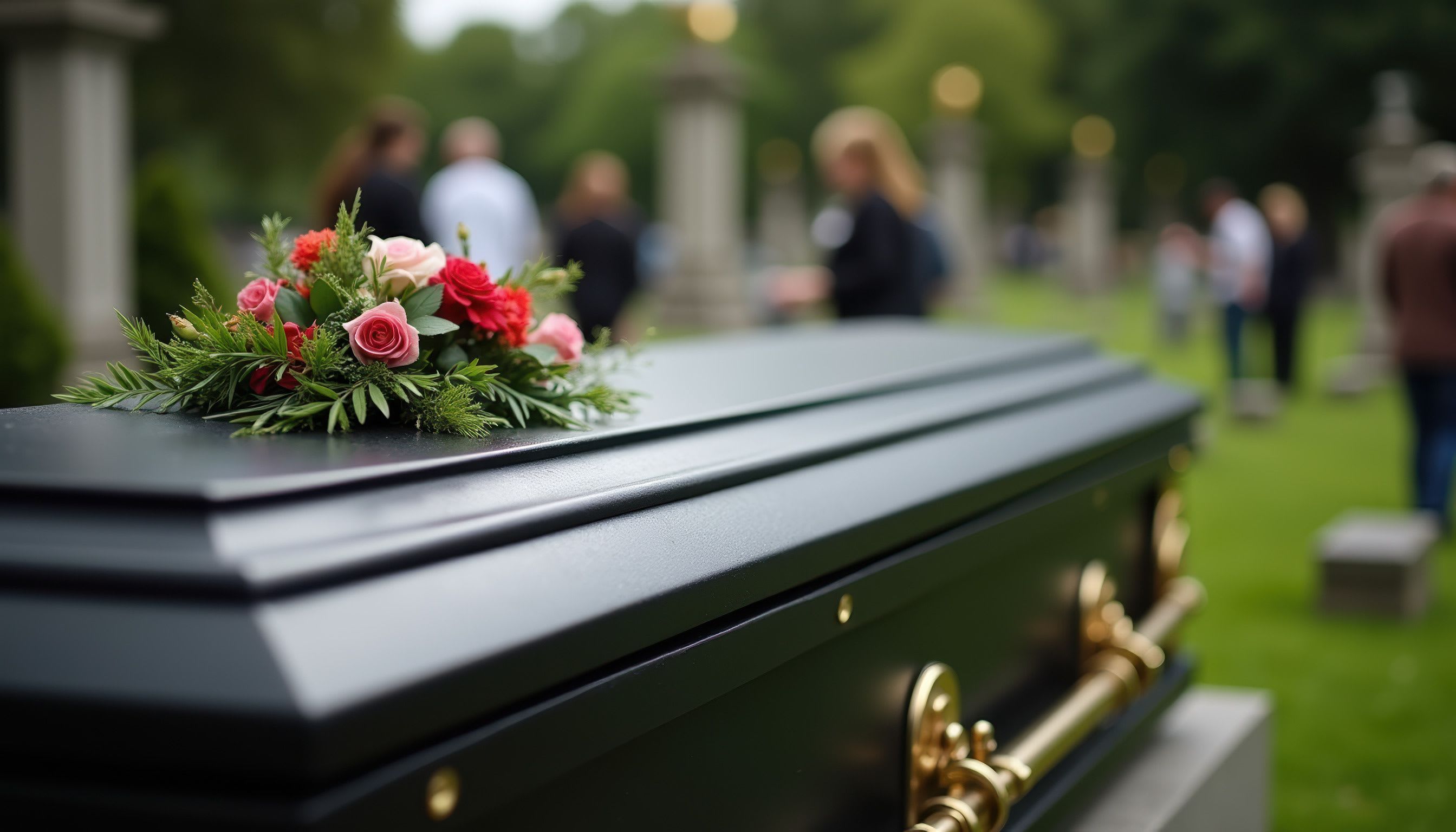 Small spray of pink and red roses on a dark casket at an outdoor funeral.