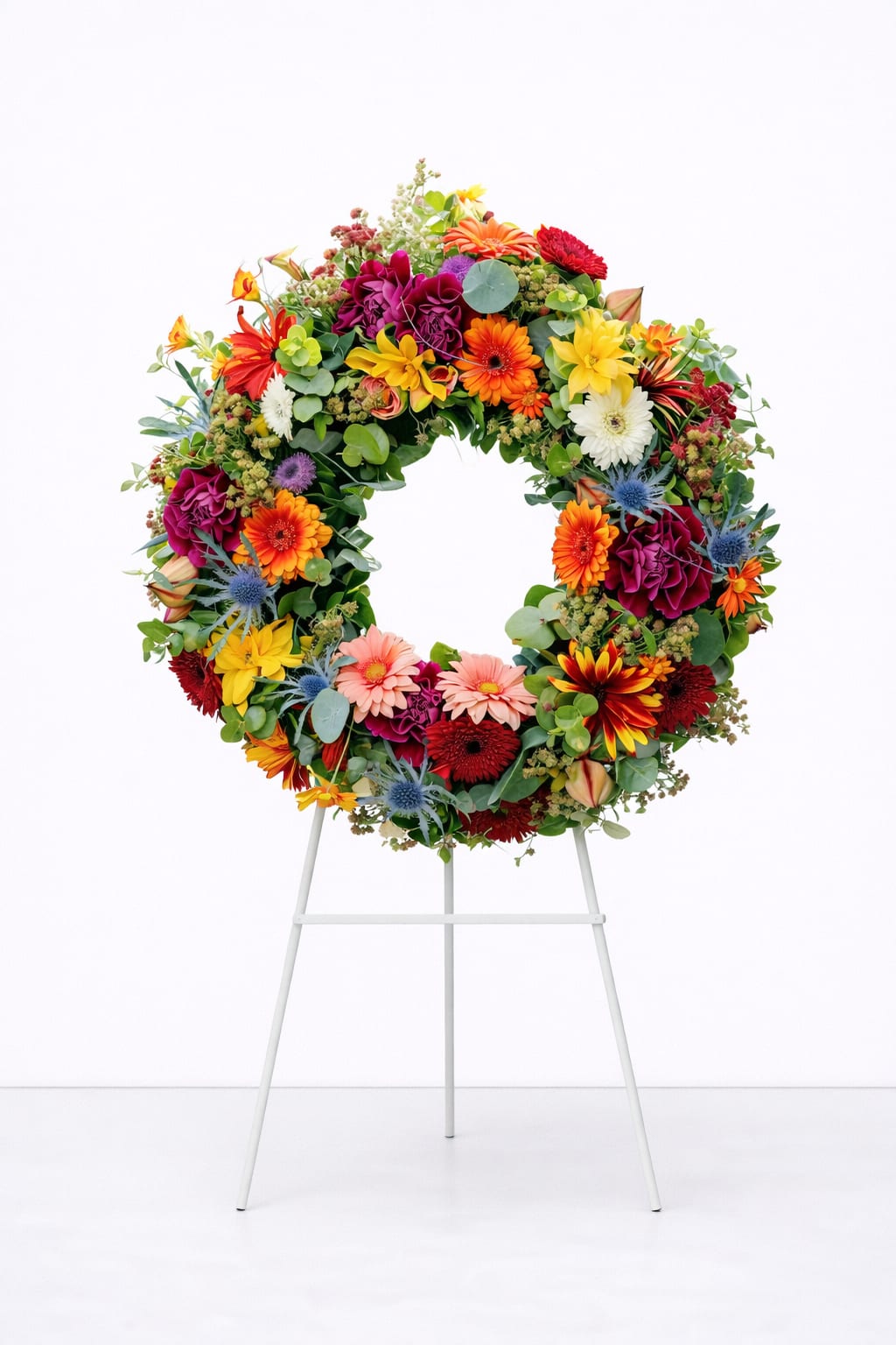 Bright multicolor floral wreath displayed on a white metal stand
