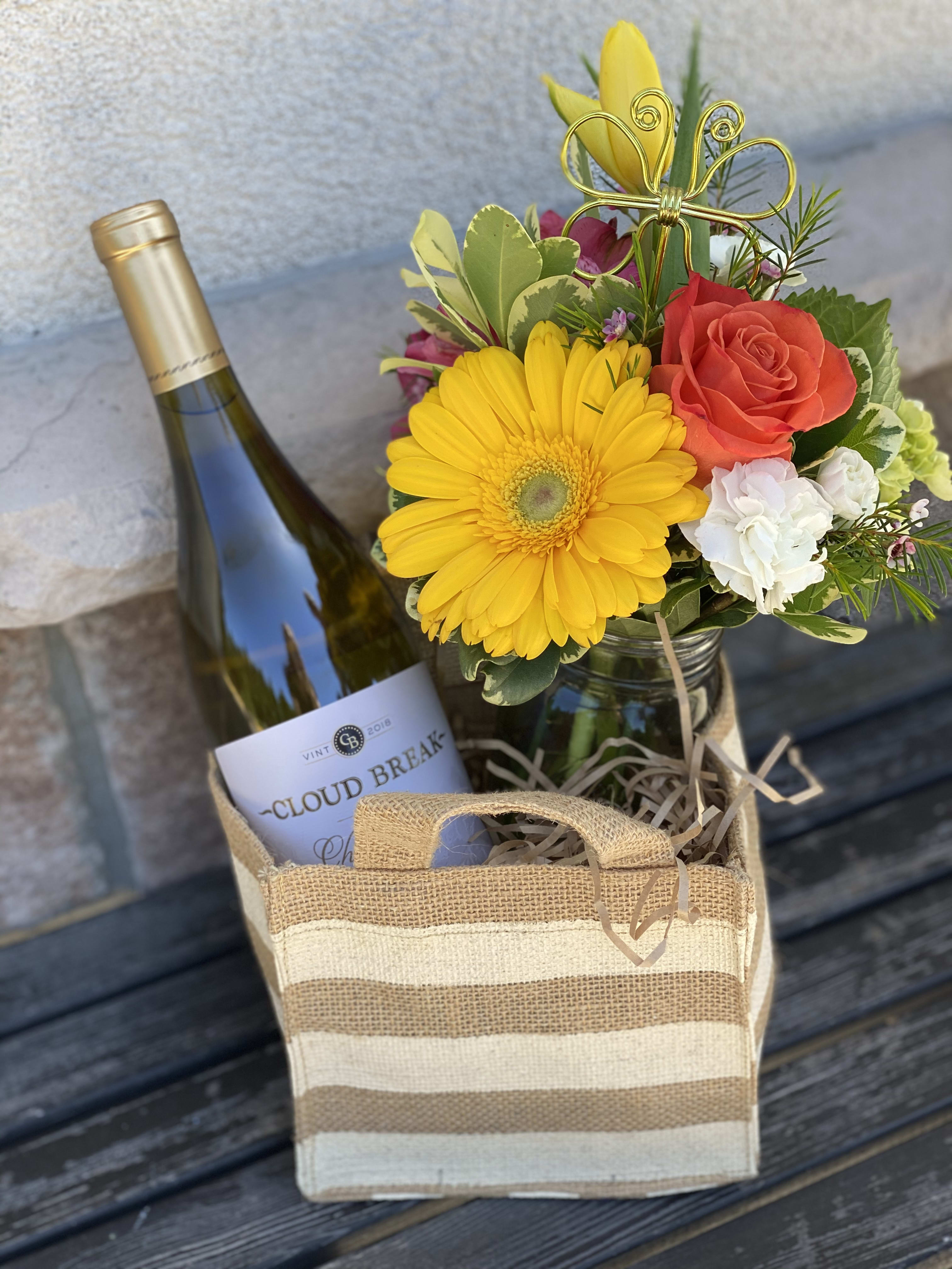 "Blooming" Totes  - These adorable mini tote bags - filled with our "farmers pick" mason jar flower arrangement and paired with a bottle of wine ( you can specify red, white or bubbly! - just write it in the instructions or if you want some special colors in the arrangement - just write it in the instructions. )  