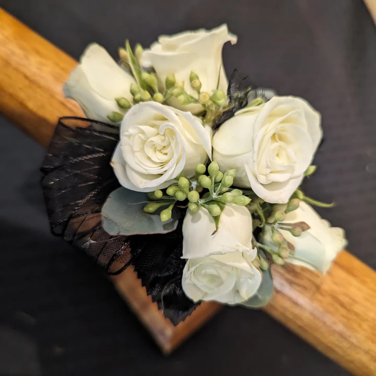 White and Black Corsage  - White spray roses and black accent add a sophisticated style for your Prom, Homecoming, Wedding or other event 