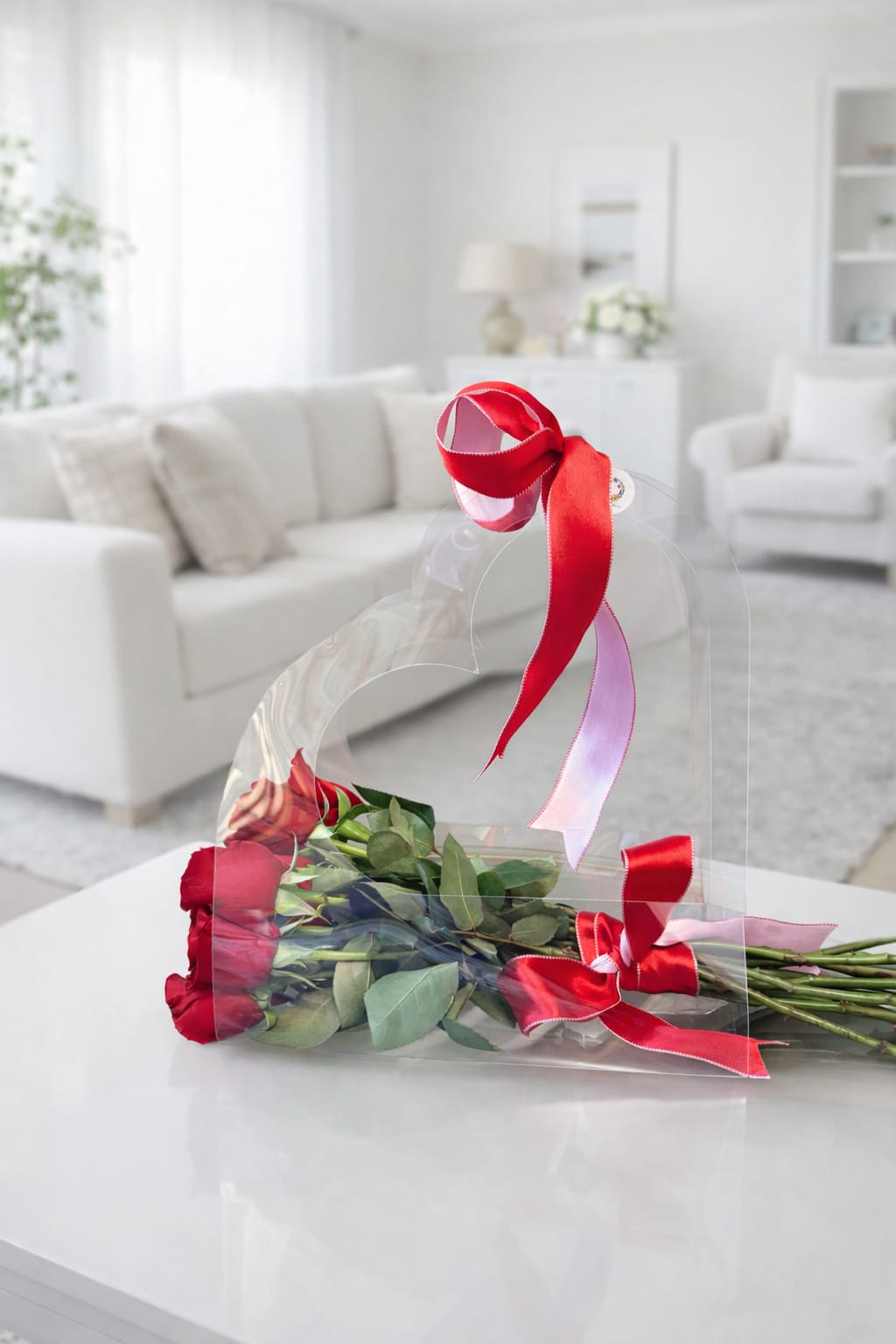 Bouquet of long-stem red roses in a clear heart-shaped carrier tied with red and pink ribbons on a white table