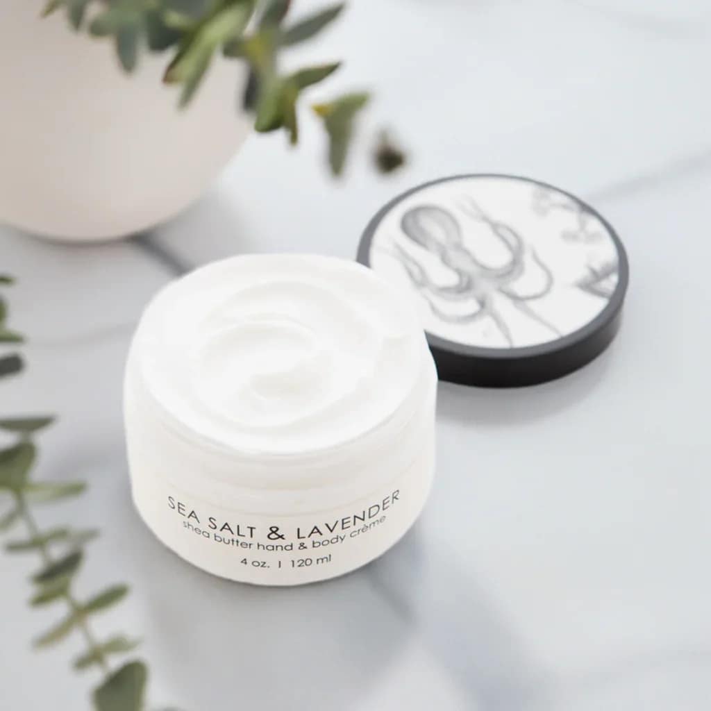Sea Salt &amp; Lavender - Shea Butter Hand &amp; Body Creme - Sea Salt &amp; Lavender is an invigorating &amp; herbal scent. This light weight hand creme contains 5% shea butter. It's perfect for anyone who wants a rich moisturizer without a heavy greasy feel. Healing aloe and vitamin E help restore softness and elasticity. The essential oils in this hand creme are blended in unique scents ranging from subtle to invigorating. 4 oz. tub  Apply hand creme liberally to anywhere you need pampering moisture. Long lasting moisture for both hands and body!