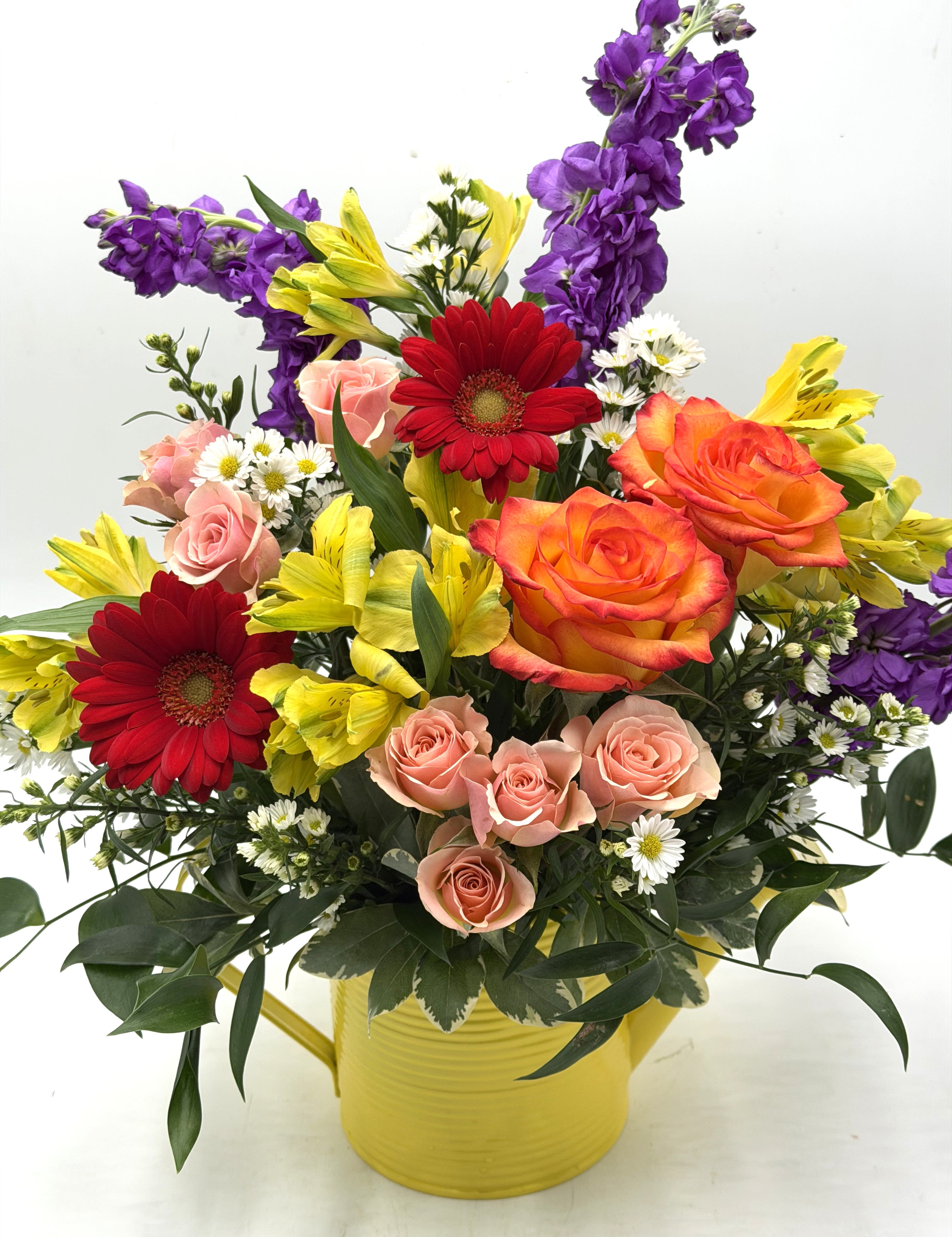 Sunny Garden  - ** CONTAINER COLOR WILL VARY!! ** This design will show up bright and cheerful but colors and flowers will vary depending on the color of the watering can!