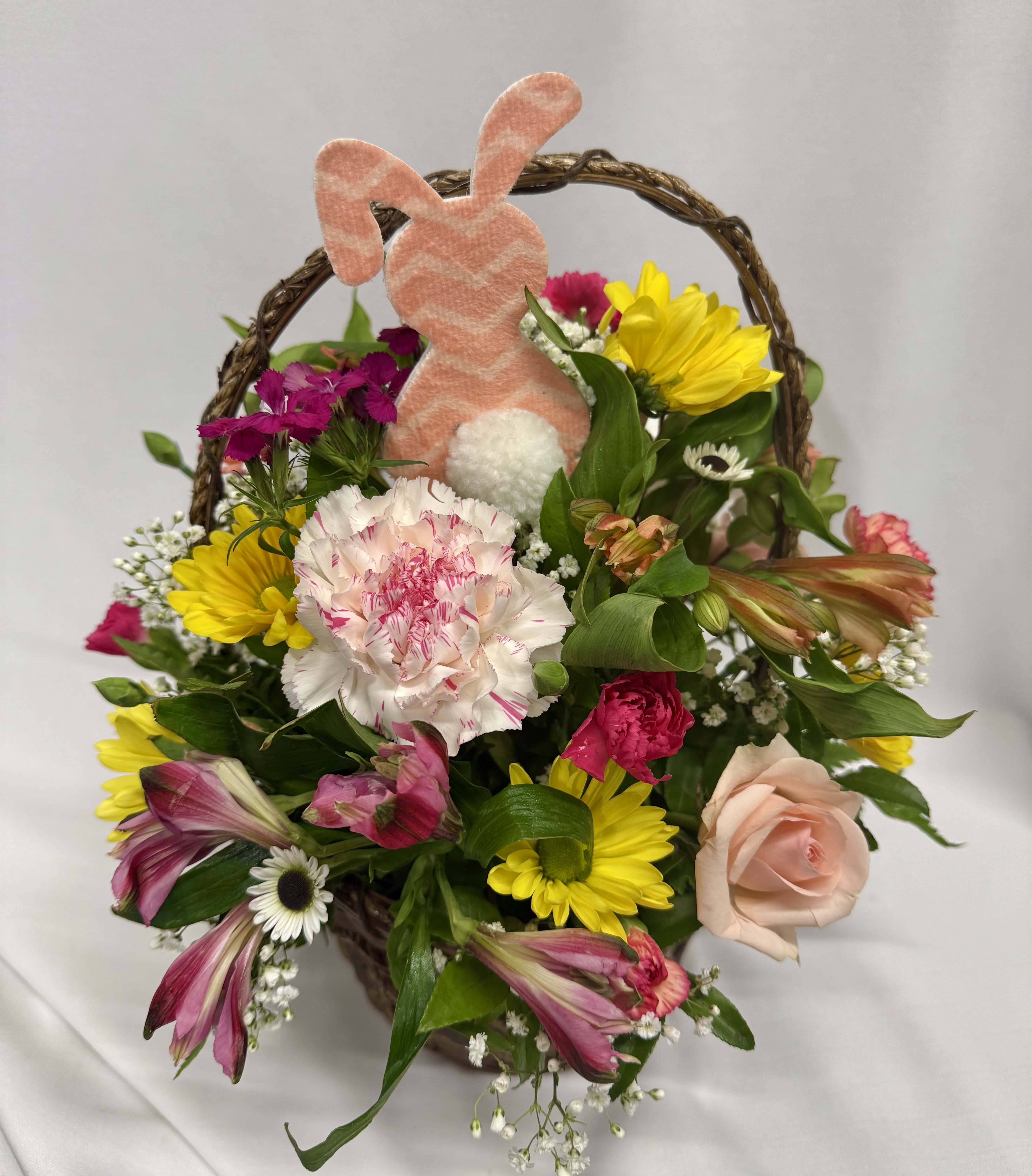 Bunny basket - Colorful mixed basket of seasonal blooms with a cute bunny pick perfect for an Easter gift!