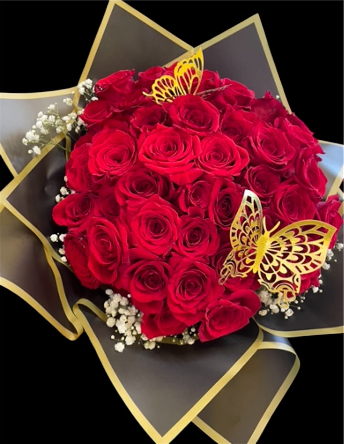 Love 50 Roses - this will be a 50 red rose bouquet wrapped in black Korean paper and tied with a ribbon 2 butterflies will be added for decoration