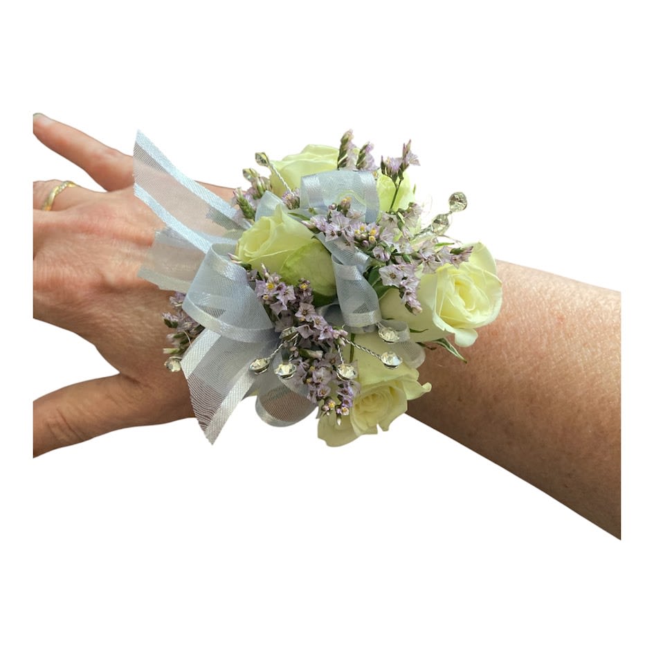 white wristlet -  wristlet with white spray roses, filler and a bow 