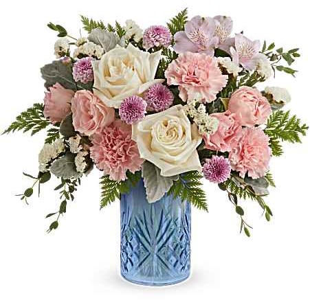 Teleflora's Blue Belle Bouquet - Teleflora's Blue Belle Bouquet is a sweet Mother's Day flower arrangement of soft pink, white, and lavender blooms, beautifully presented in Teleflora's Blue Belle Vase keepsake-perfect for celebrating Mom with fresh spring charm.