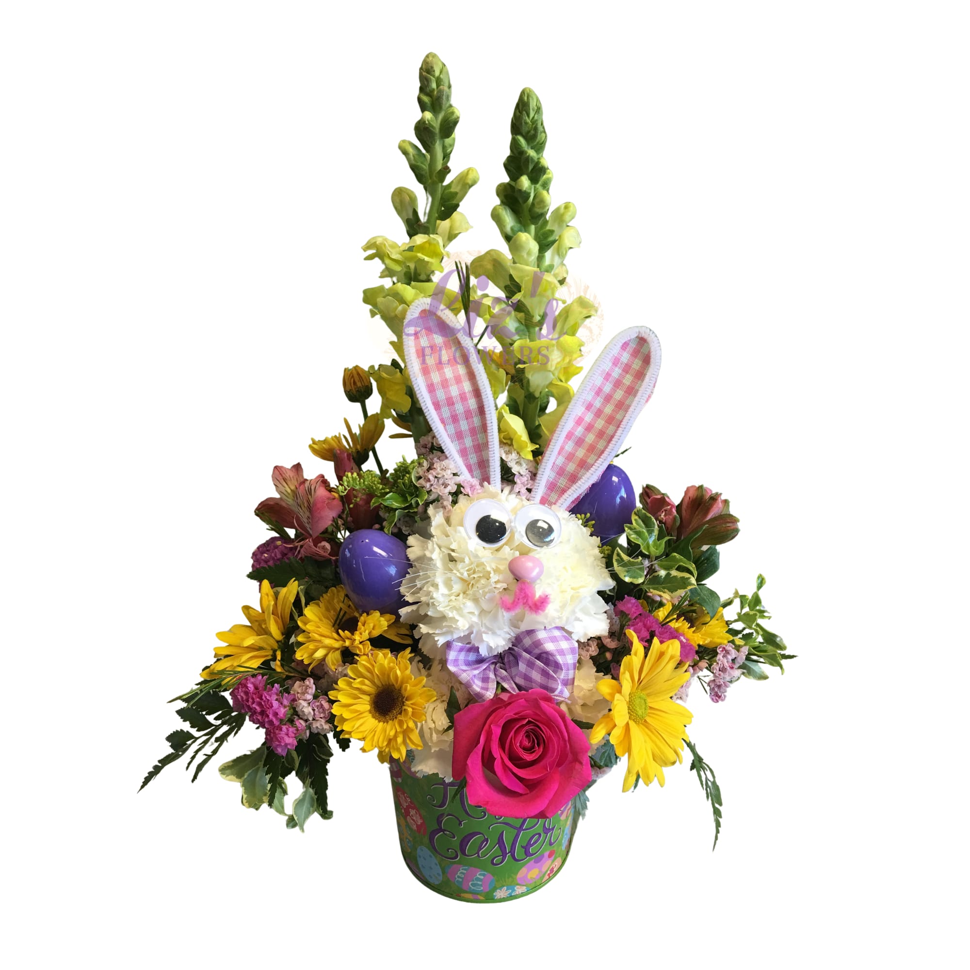 Hidden Bunny Floral Basket - seasonal flowers with a hidden bunny surprise-perfect for Easter or a cheerful seasonal gift.