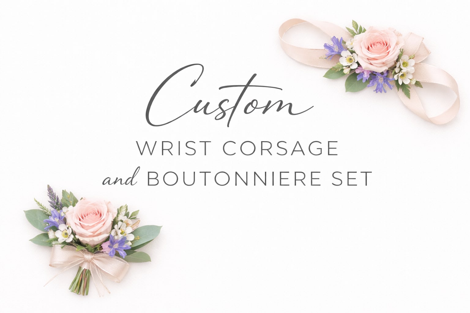 Custom Designed Corsage and Boutonniere Set - Wrist Corsage and Boutonniere set designed to coordinate perfectly with your attire. Please include your preferred colors, flower choices, and jacket color in the “Special Instructions” when placing your order.  You’re also welcome to text a photo of your dress and/or inspiration to 651.730.9115.  Please include your first and last name, along with your order number for our reference when texting. 