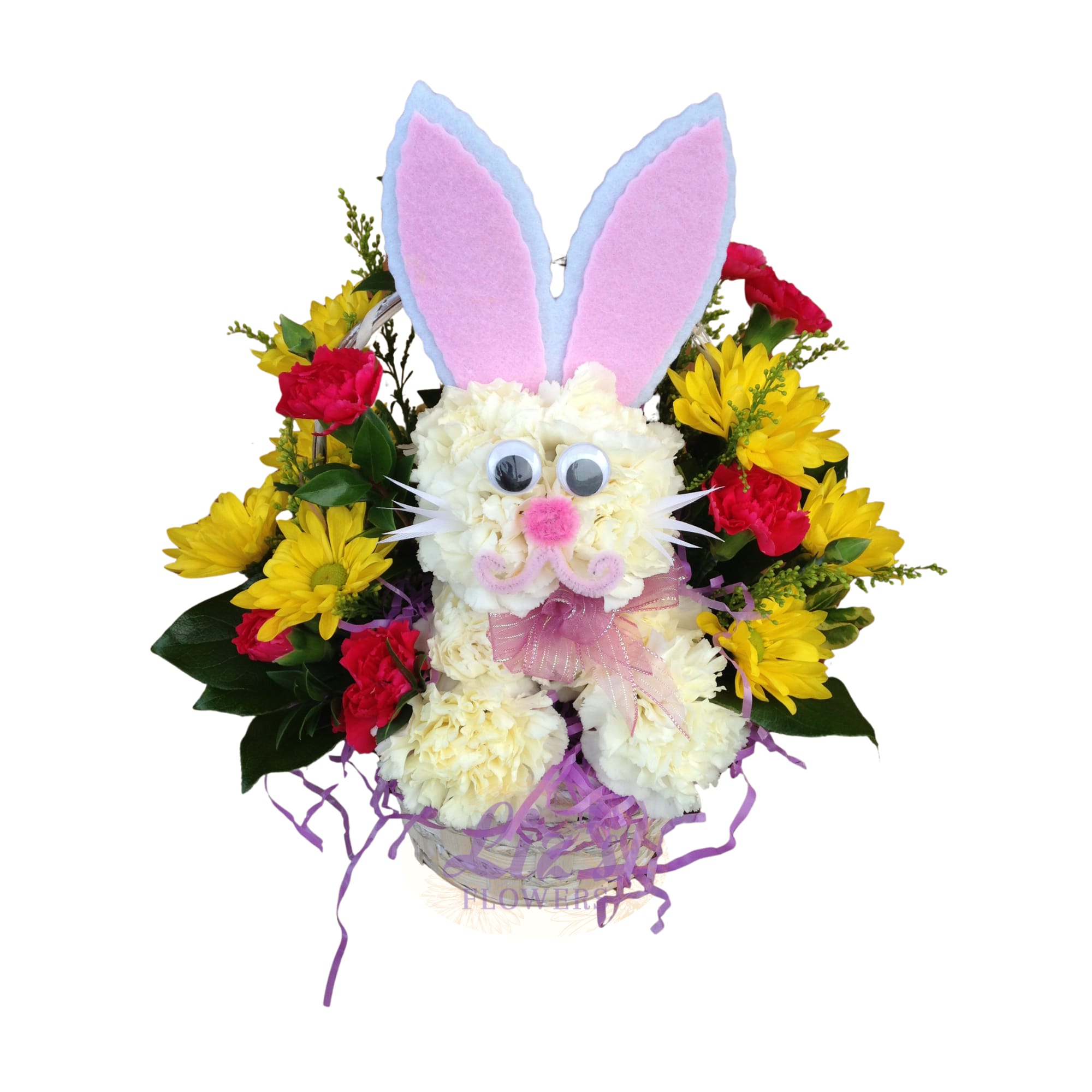 Bloomin' Easter Bunny - Red and yellow seasonal flowers with bunny