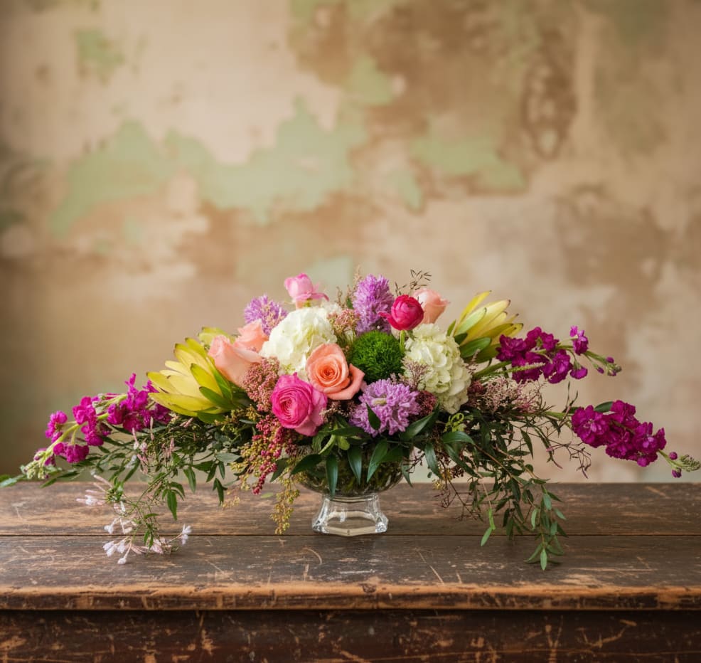 Low centerpiece of pink and peach roses with white hydrangeas, ranunculus and magenta stock in a clear glass bowl.