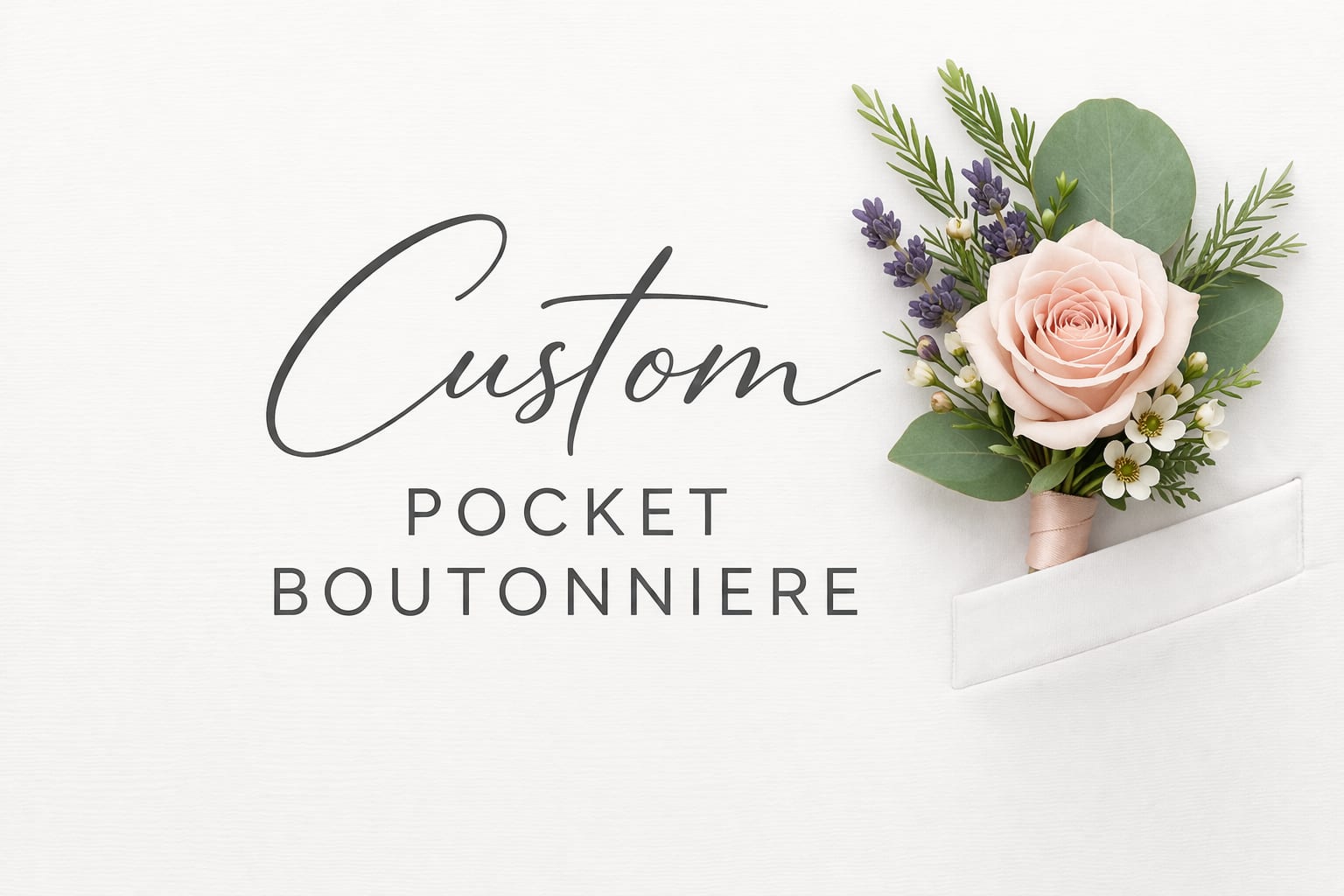 Custom Pocket Boutonniere - A pocket boutonniere is a modern alternative to the traditional pin-on style, designed to slip neatly into the front pocket of a suit or tuxedo jacket. Instead of using pins, the flowers are arranged in a structured backing that sits securely in the pocket, creating a clean, polished look.  Featuring fresh blooms and greenery, pocket boutonnieres offer a more contemporary, hassle-free option—no pins, no damage to fabric, and easy to wear. Perfect for weddings, proms, and special events, they provide a stylish, updated take on a classic floral accessory.  Please include any color preferences in the Special Instructions when ordering.  You can also text any inspiration images to 651.730.9115; please include your first and last name along with your order number when texting so we have reference. 