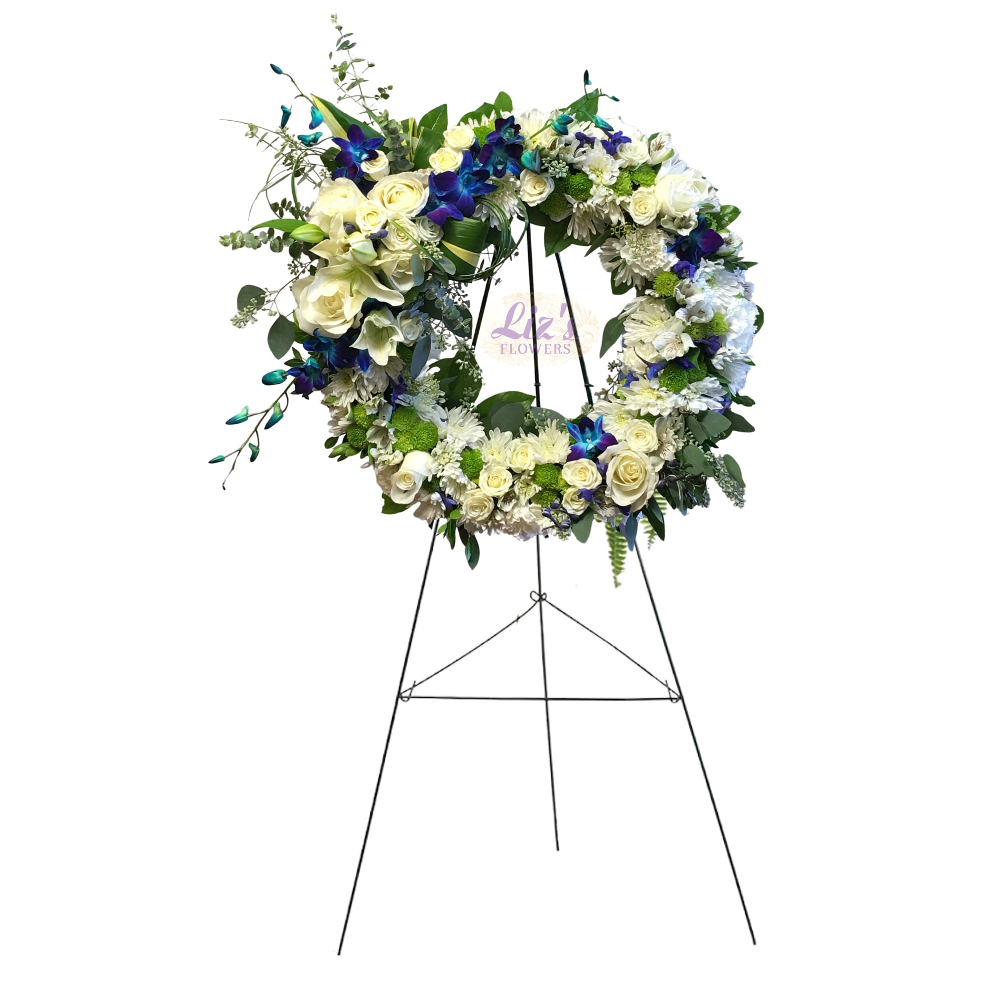 Loving Memory Wreath - 24" Wreath, mixed flowers in white, blue and green!