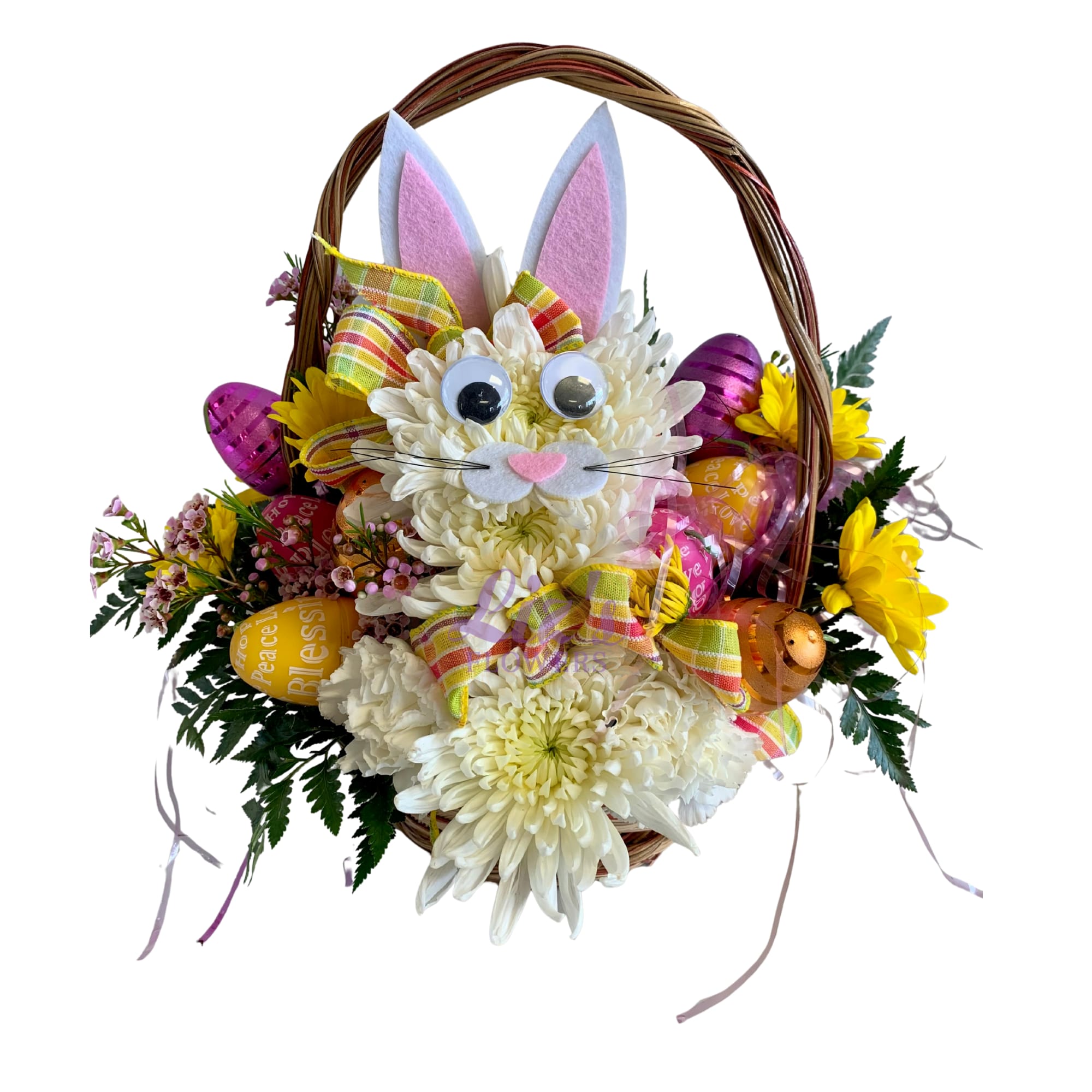 Easter Basket - Seasonal white and yellow flowers with a cute bunny and colorful eggs