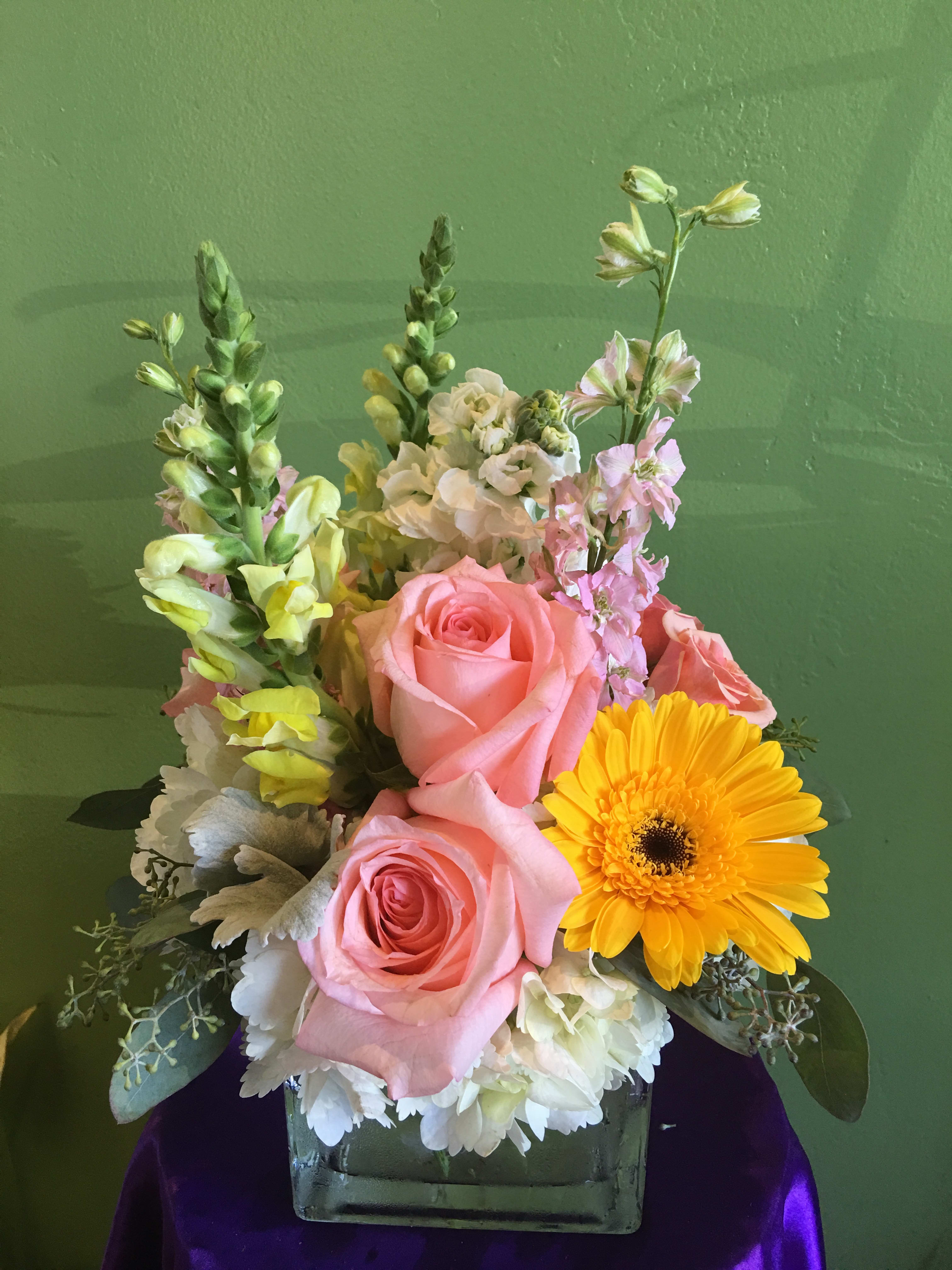 Spring in cube - A group of hydrageas, roses, snapdragons, larkspurs, stocks and gerberas in a clear cube. 10"Hx8"W