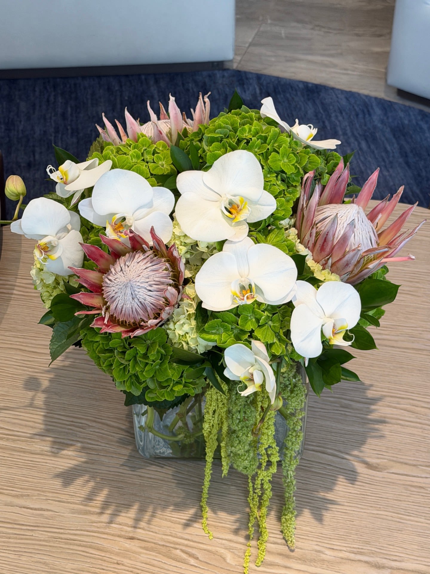 Emerald Muse - A bold and elevated design, this arrangement features elegant white phalaenopsis orchids paired with striking protea and lush green hydrangeas. Accented with textured greenery and soft cascading elements, it creates a rich, dimensional look with a modern tropical feel. Designed in a clear glass vase, this piece blends exotic beauty with refined luxury, making it perfect for statement décor, gifting, or upscale spaces.