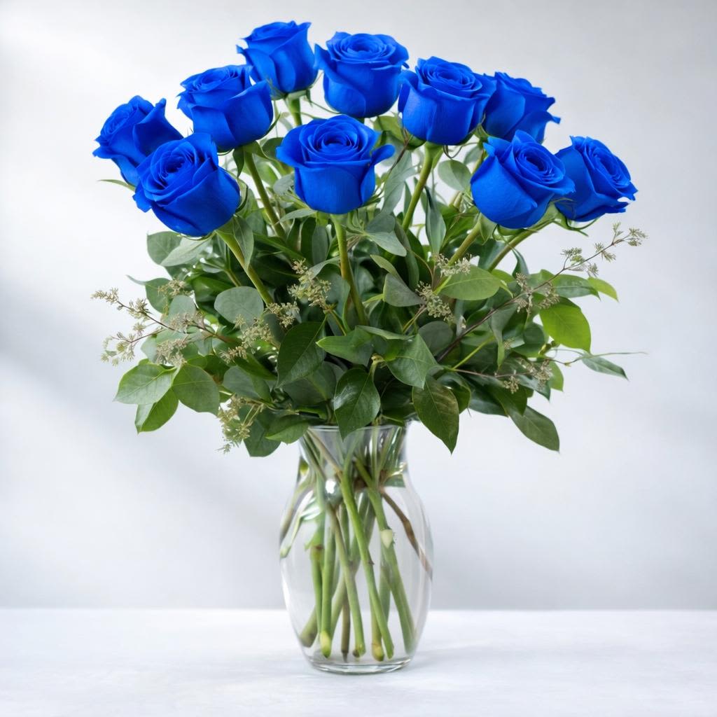 Blue Rose Bouquet - Nothing speaks of love so much as a bouquet of beautiful roses. Arranged in a classic glass vase, this bouquet is a gift to her heart from yours. Standard rose bouquet includes 12 stems, approximately 18"H x 12"W, Deluxe rose bouquet includes 18 stems, approximately 19"H x 16"W, Premium rose bouquet includes 24 stems, approximately 20"H x 18"W.