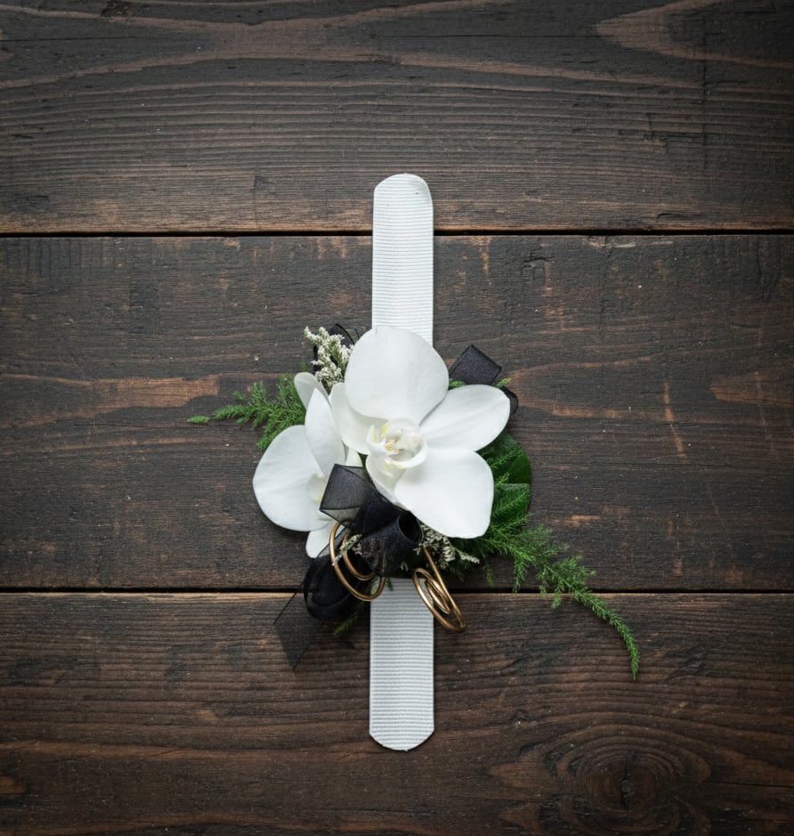 White orchid wrist corsage with black ribbon on a white band