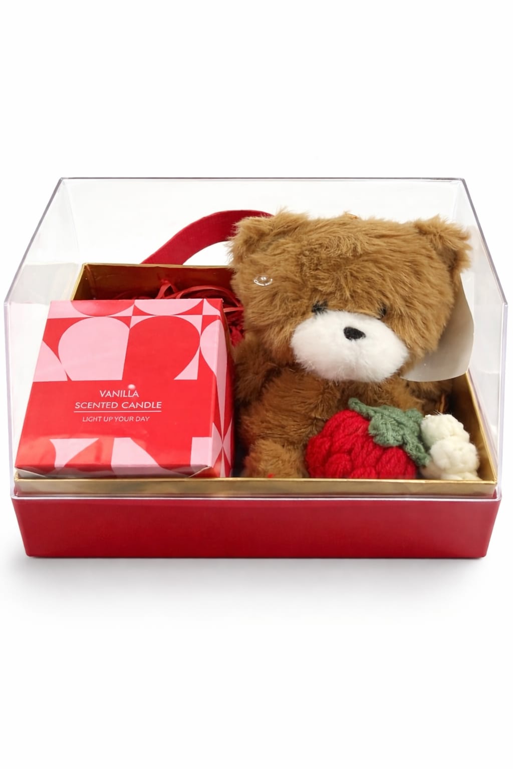 The Strawberry Sweetheart Box - A little box full of comfort and charm. The Strawberry Sweetheart Box features a plush strawberry-scented keepsake, a delicate crochet fruit and flower keychain, and a softly fragranced jasmine &amp; vanilla candle—all beautifully packaged for a thoughtful, ready-to-gift moment.  Sweet, warm, and full of detail, it’s the perfect add-on to your arrangement or a small gesture that leaves a lasting impression.