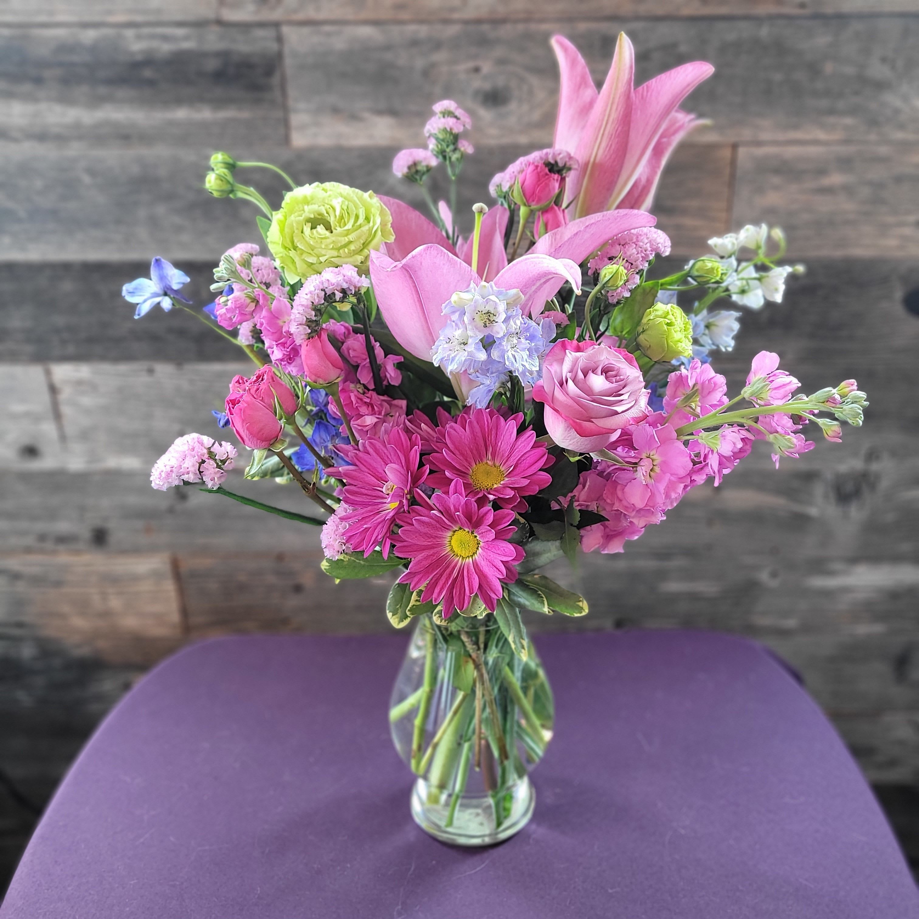 Garden Fresh - Roses, lilies, and friends! Pinks with touches of blue, white, and even green. A lovely garden bouquet.