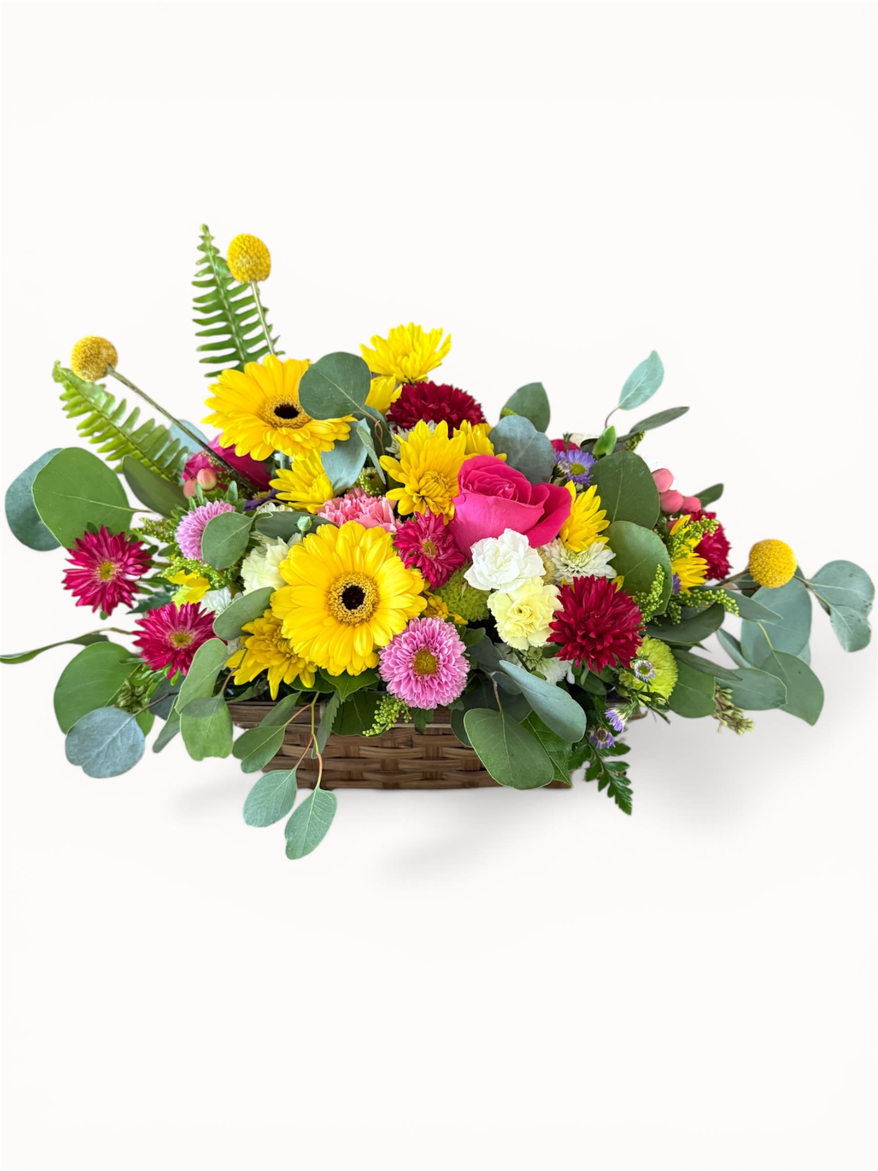 Spring Sunrise Basket - Basket arrangement with yellow gerbera, pink roses and seasonal pastel blooms - bright, cheerful display
