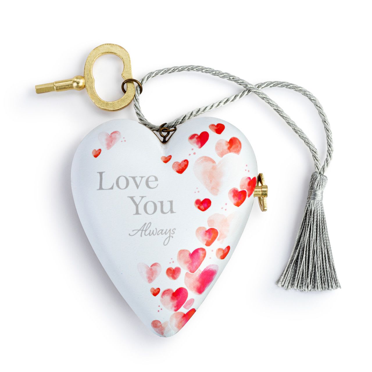Musical Art Heart- Love you Always  - This heart shaped keepsake features the sweet message "Love you Always" and plays a charming melody. Designed with soft pink hearts and a decorative tassel with a small key, it makes a meaningful gift for any loved ones. 
