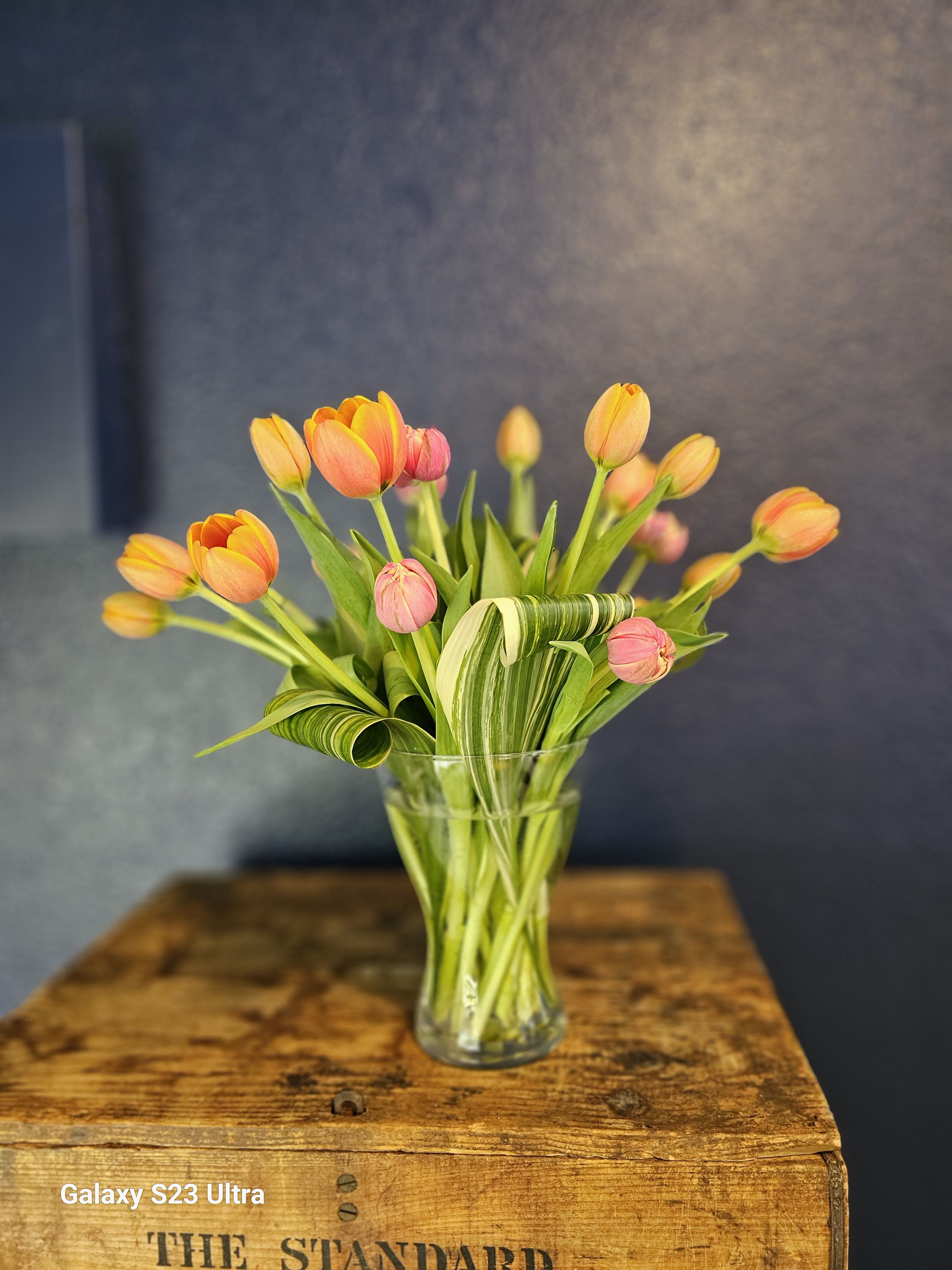 Keeping it simple  - Beautiful vase, gorgeous special tulips and aspidistra. No frills. Just gorgeous clean product displayed perfectly