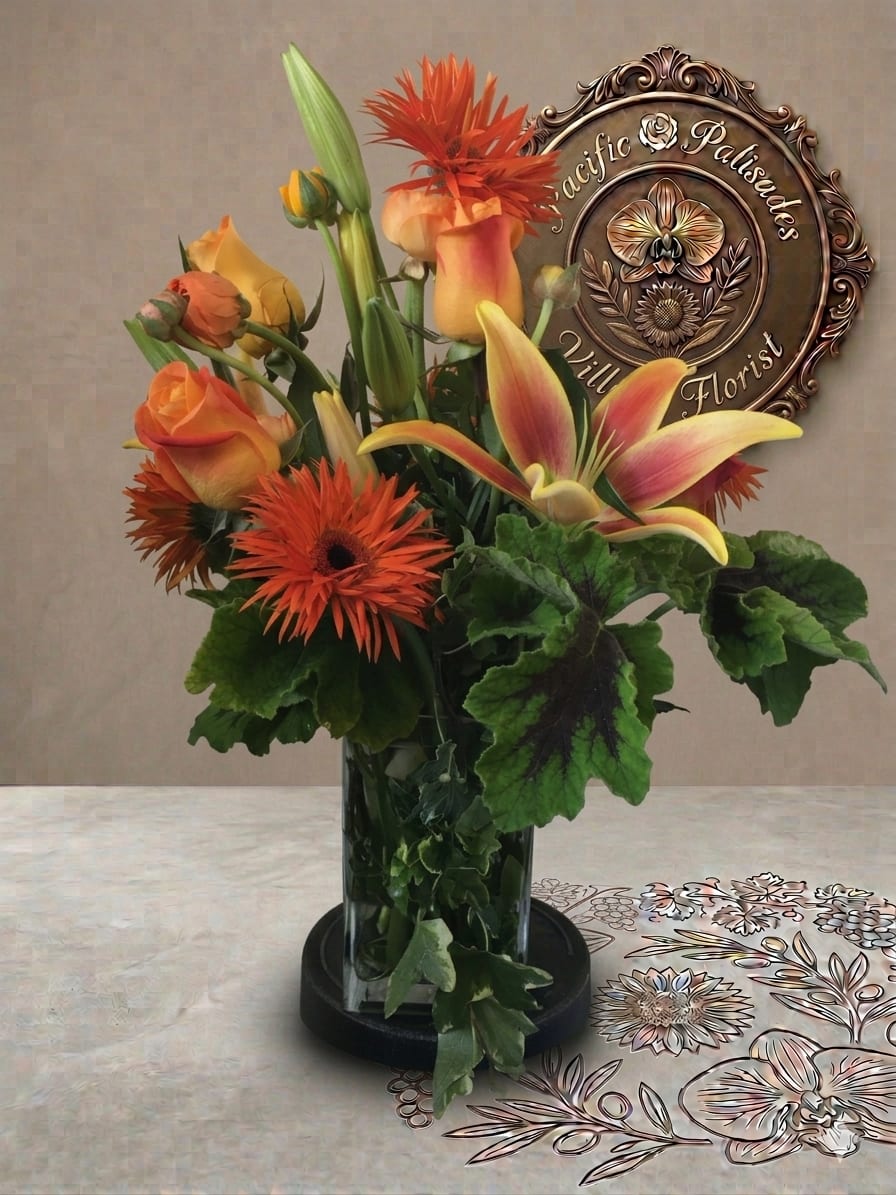 Boyfriend Material - A bold, romantic mix of warm-toned blooms featuring orange roses, vibrant gerbera daisies, and a striking bi-color lily, accented with fresh greenery and budding stems. The arrangement feels playful yet polished—bright, confident, and effortlessly charming, just like its name “Boyfriend Material.” 