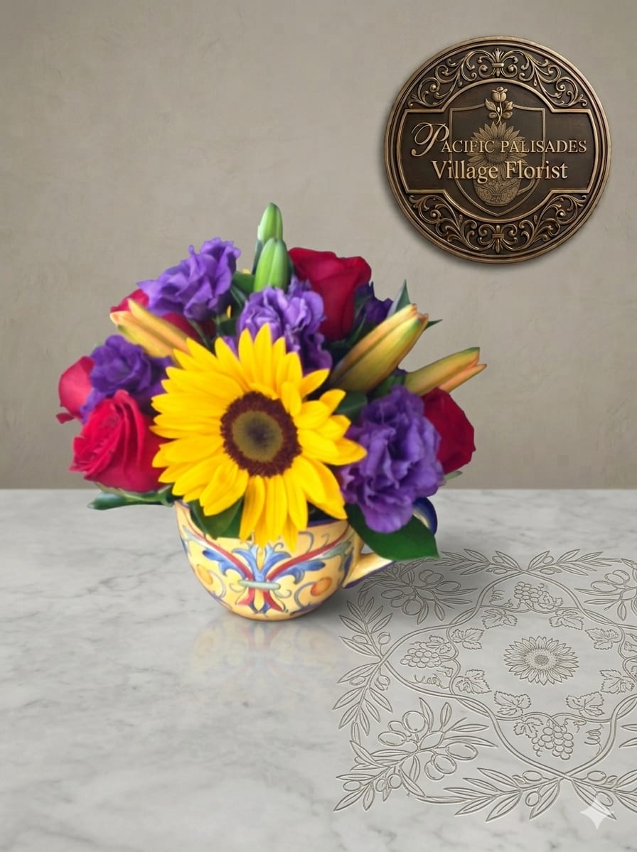 Colors of the Wind - A cheerful, garden-style arrangement bursting with color, featuring a bright sunflower at the center, surrounded by rich red roses, soft purple lisianthus, and warm-toned lily buds, all nestled in lush greenery. The mix feels vibrant and uplifting, with a playful balance of bold and soft textures arranged in a charming decorative teacup.