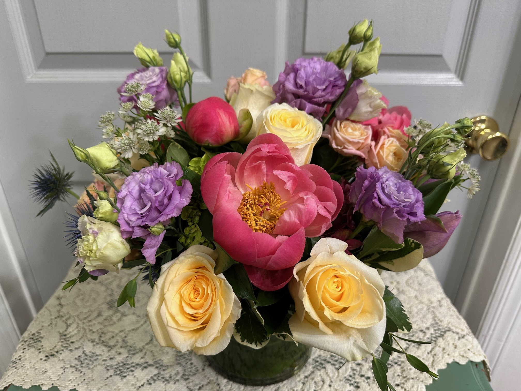 Blooms  Exclusive Bouquet - Peonies(Seasonal),  Roses, Lisianthus, Seasonal Flowers, Thistle, Fancy Greens