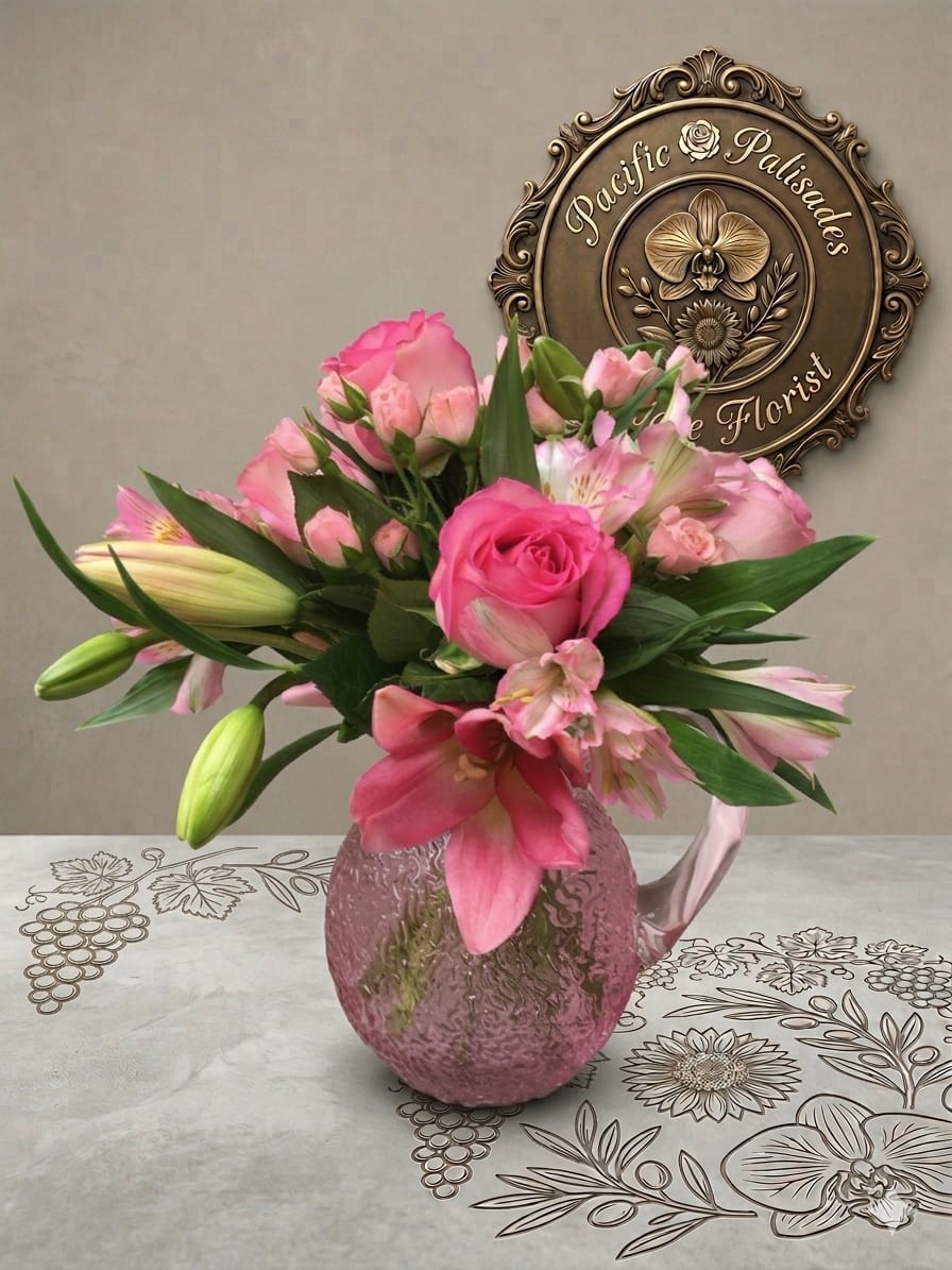 First Love - A soft, romantic arrangement in shades of pink, featuring a central rose surrounded by delicate spray roses, blooming lilies, and airy alstroemeria, accented with fresh greenery. The design feels feminine and graceful, with a gentle balance of textures and blooms arranged in a charming blush-toned vase.