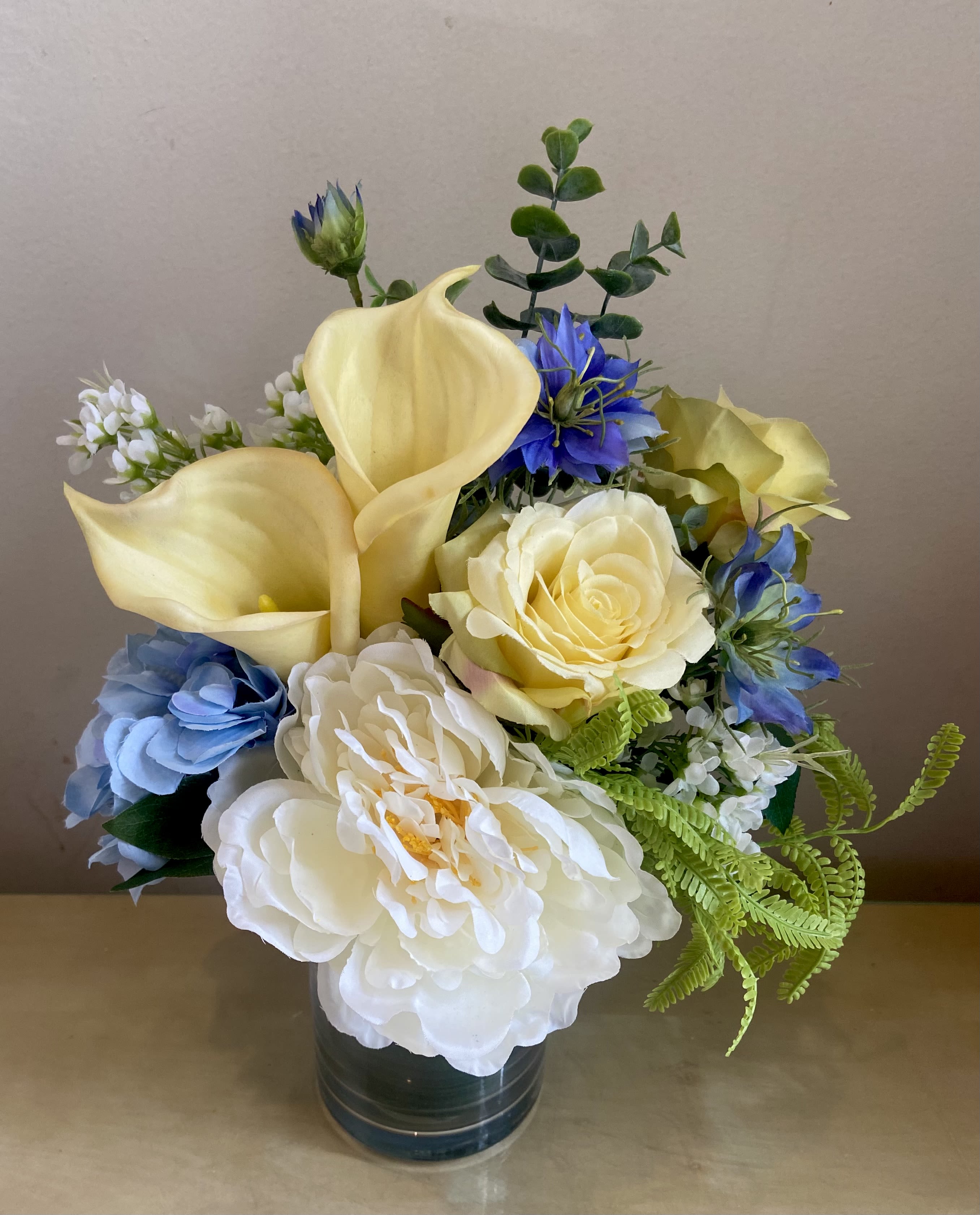 Spring Break - Light &amp; lively creams, yellow, blue &amp; white Silk arrangement.  Best quality and combination with peony, roses, callas, nigella and more.