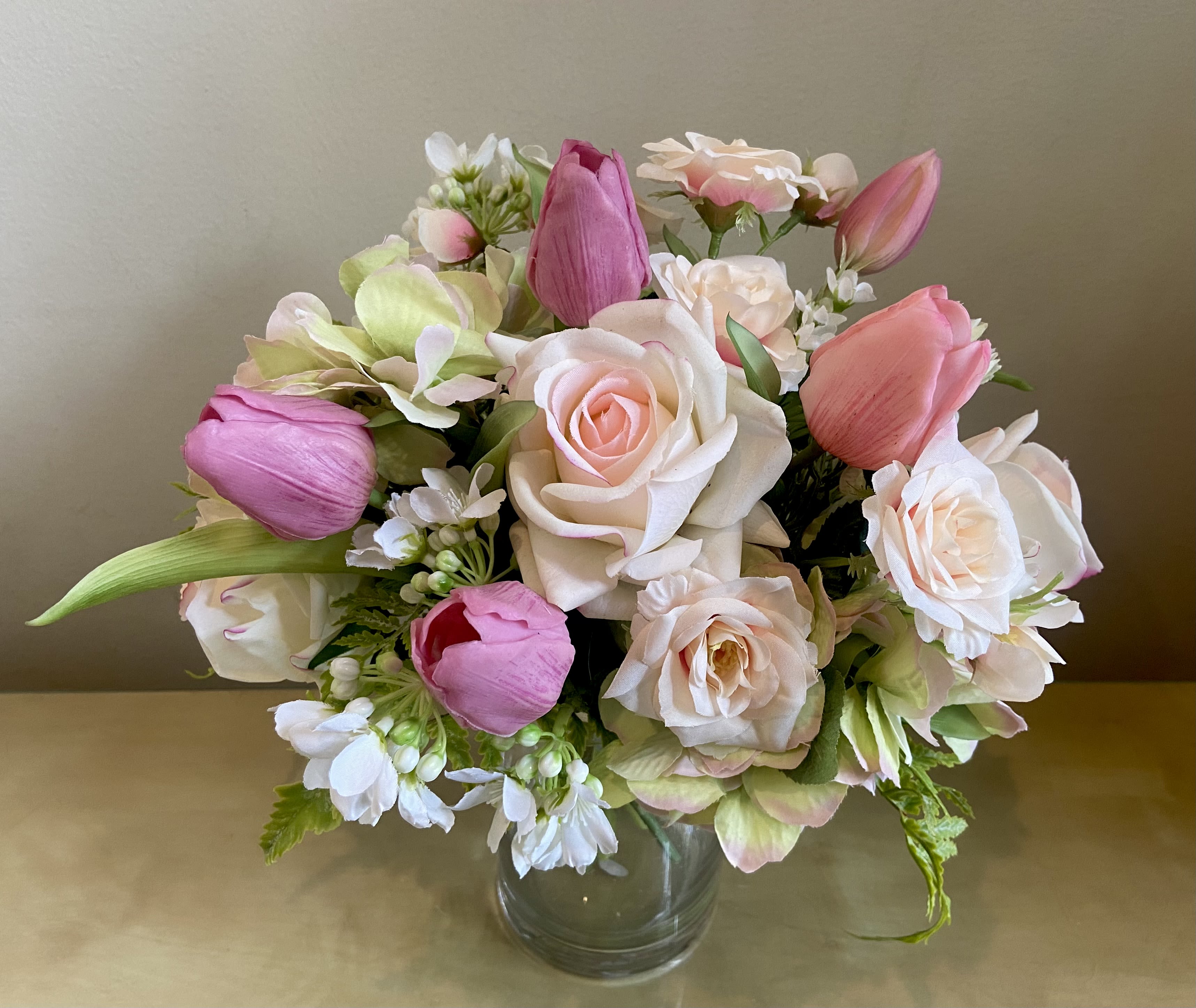 She’s A Lady - Beautiful &amp; feminine Silk floral arangement in a clear glass vase with a foliage wrap.  Tulips. Ross, hydrangea, etc… 