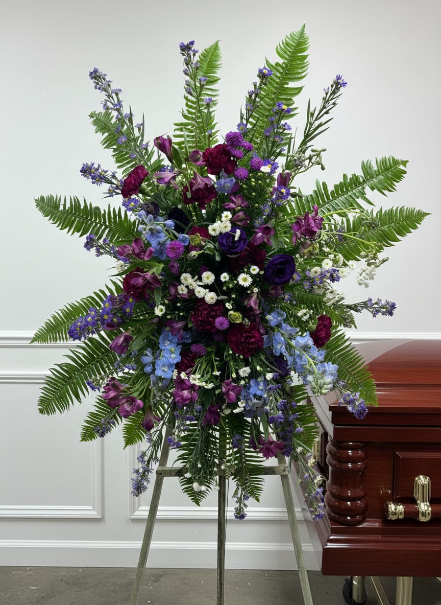 Shooting Stars Funeral Standing Spray - Like the stars that light the night sky, we need reminders of the beauty and magic that will exist both with and without us. This standing spray is filled with lavender &amp; purple blooms accented with soft blue hues to evoke feelings of calm beauty.