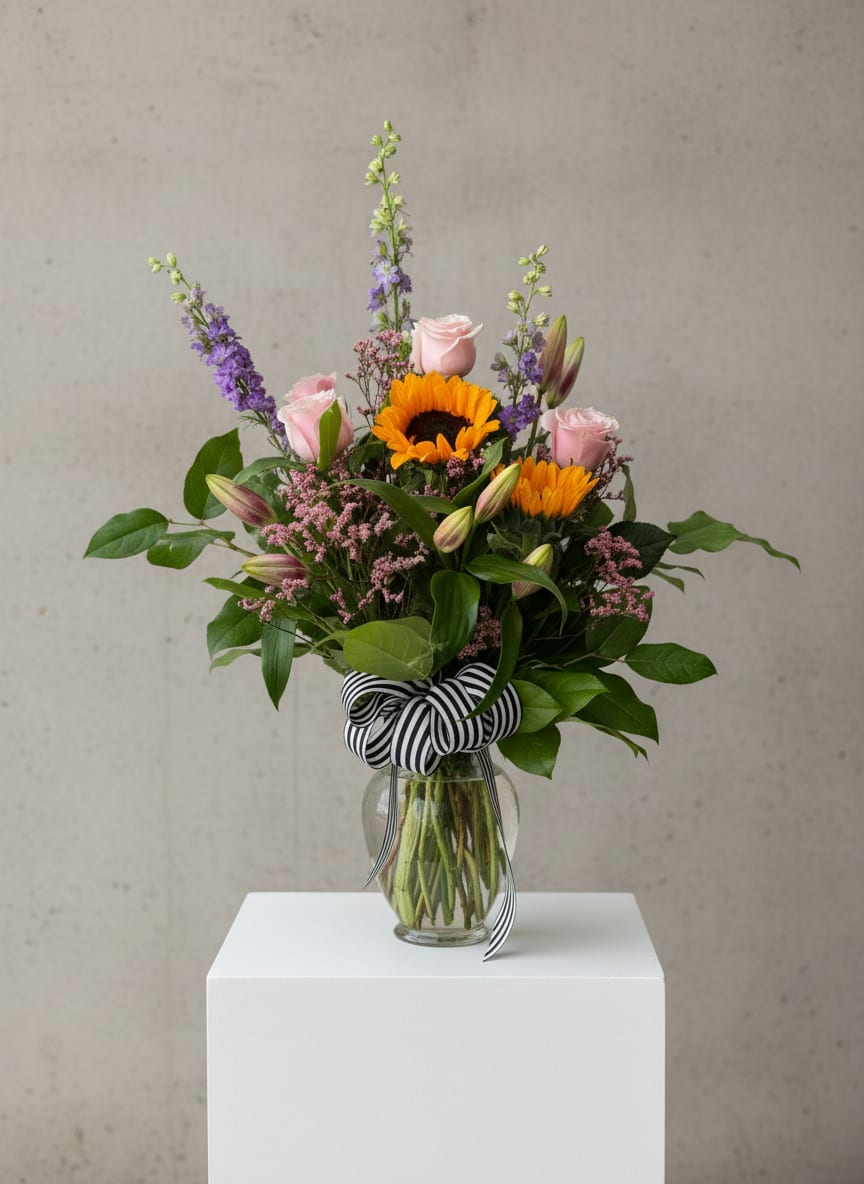 She Boujee - When there has to be sunflowers, lilies and roses, you know she boujee!  A lovely soft and colorful bouquet made to last and enjoy the opening blooms transform their space into a fragrant garden.
