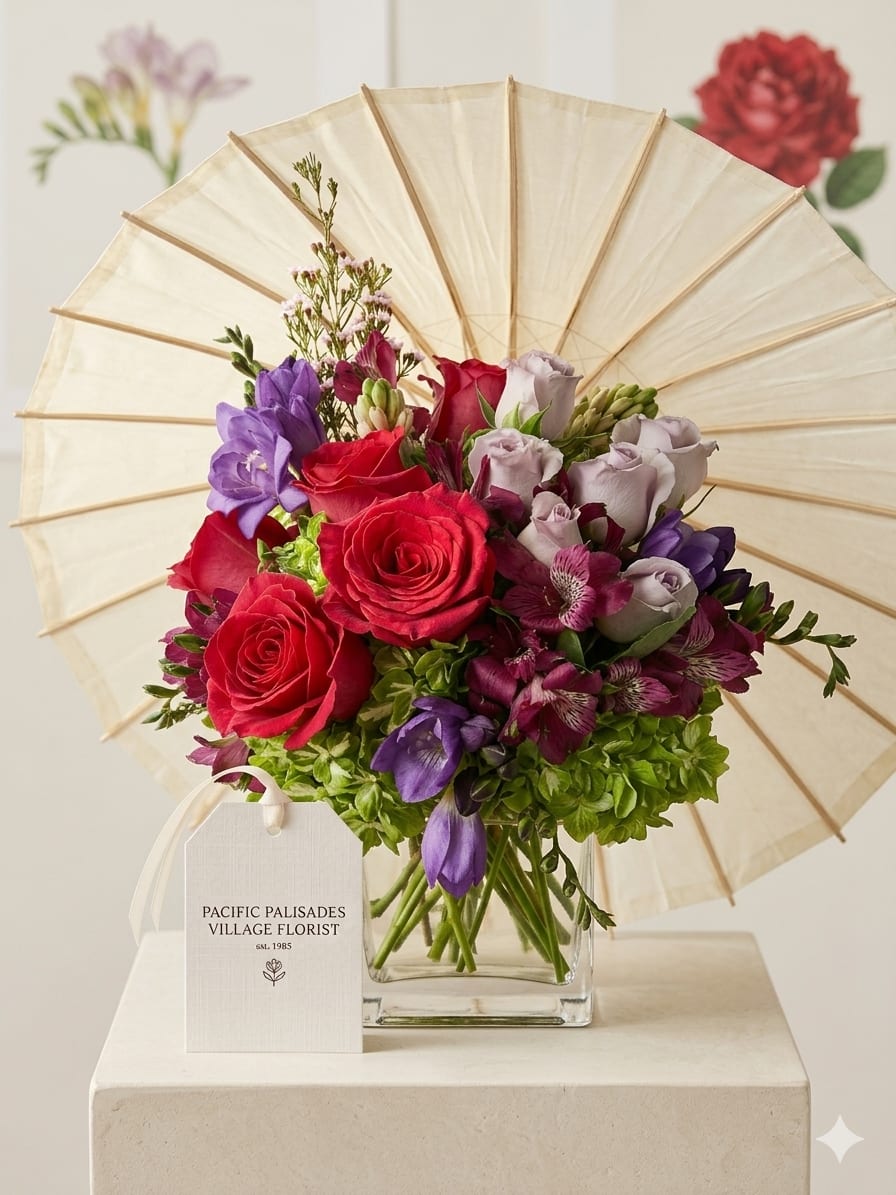 Luscious Lips - A rich, romantic arrangement featuring velvety red roses paired with soft lavender roses, accented by deep magenta alstroemeria and vibrant purple blooms, all nestled among fresh green hydrangea and airy filler. The design feels lush and dramatic, with a striking contrast of bold reds and soft purples creating a luxurious, passionate look.