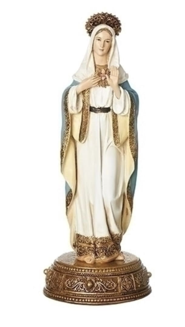 RELIGIOUS GIFTS- SCULPTURE - IMMACULATE HEART MARY HEAVENLY PROTECTORS - Theme	JS RENAISSANCE COLL Division	JOSEPH STUDIO Materials	RESIN/STONE MIX Dimensions	10.38"H 3.88"W 3.88"D