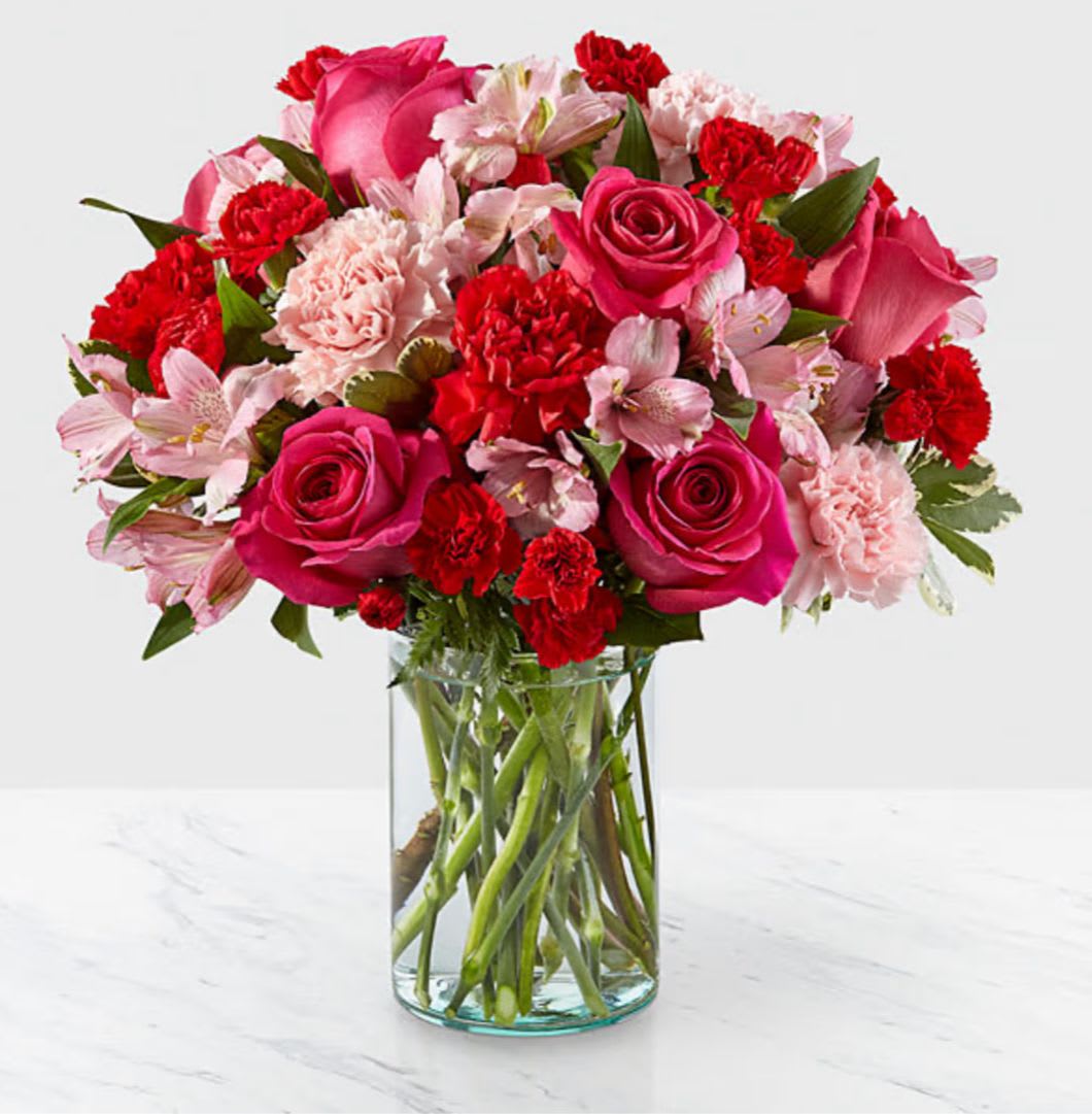  You're Precious Bouquet (FTD) - Handcrafted and inspired by the gorgeous hues of the season the You’re Precious Bouquet is full of sweet sentiment for your favorite person. Hot pink roses red carnations pink alstroemeria and pale pink carnations come together in a clear glass vase to make any room feel beautiful and light. From special birthdays to simply just because this arrangement is a stunning gift to give your loved ones for every occasion. - Good bouquet is approximately 13"H x 12"W - Better bouquet is approximately 14"H x 14"W - Best bouquet is approximately 15"H x 15"W
