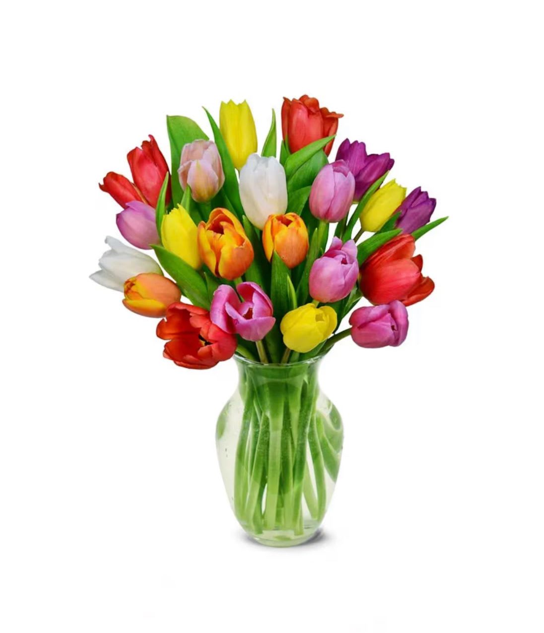 Mixed-color tulip bouquet in a clear glass vase